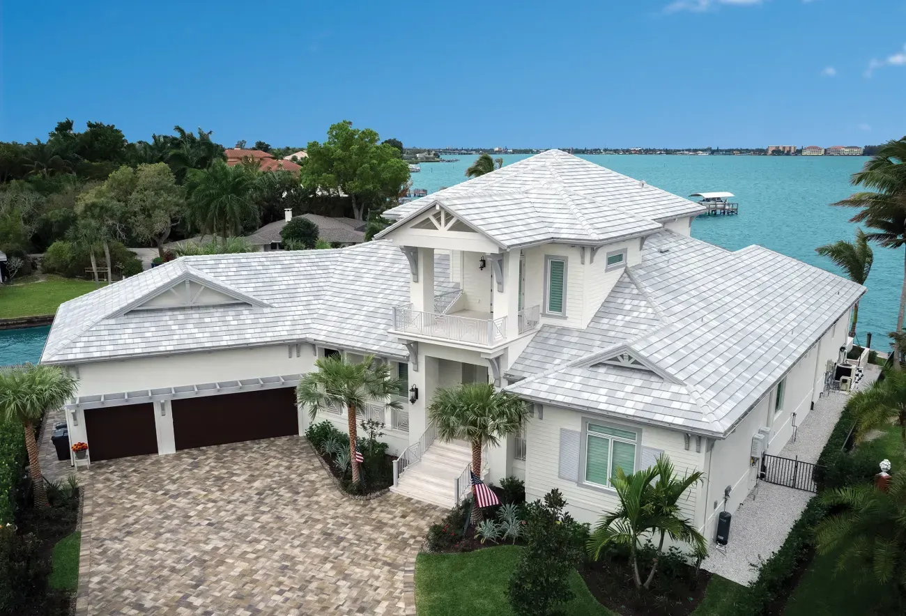 Light concrete roof tile in a clean slate profile