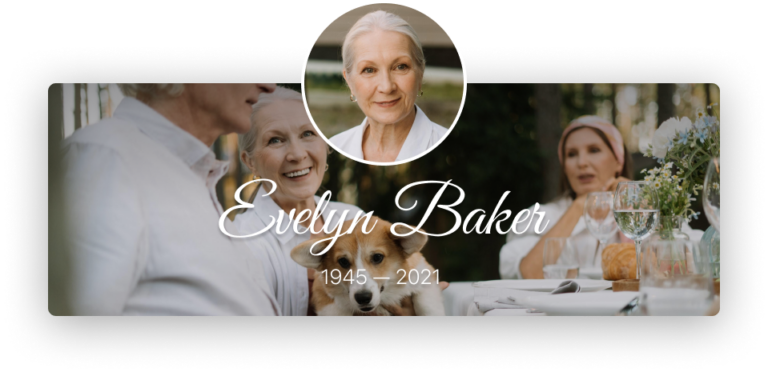Memorial collage for Evelyn Baker with portrait, wedding photos, and dates 1940–2021