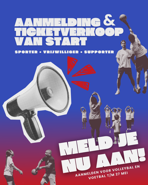 Evenementflyer voor sportinschrijving en kaartverkoop, met een megafoonafbeelding, atleten, op een blauwe achtergrond.
