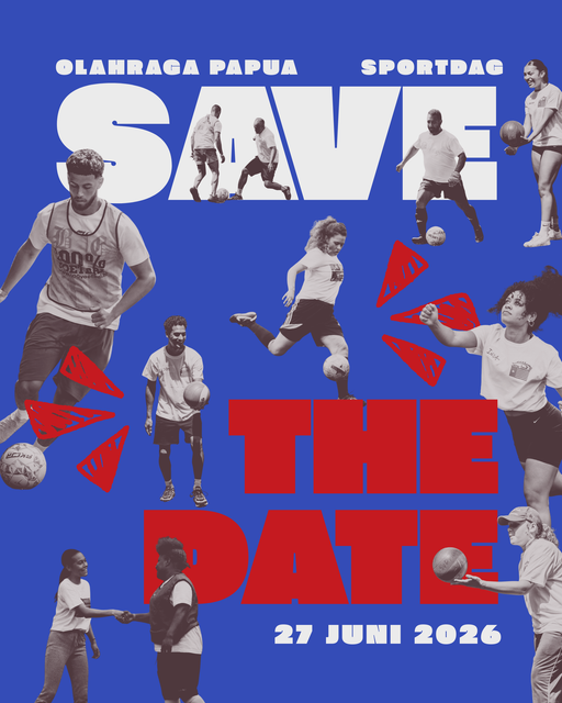 "Save the Date"-flyer voor de Olahraga Papua Sportdag, met atleten in actie op een blauwe achtergrond, 27 juni 2026.
