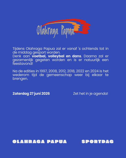 Blauwe flyer voor de Olahraga Papua Sportdag op 27 juni 2026, met sportactiviteiten, een diner en een feestelijke avond.