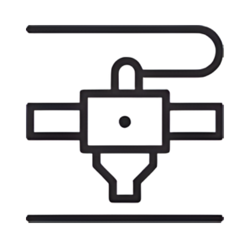 Diagram of a valve with connecting pipes, a lever, and a base.