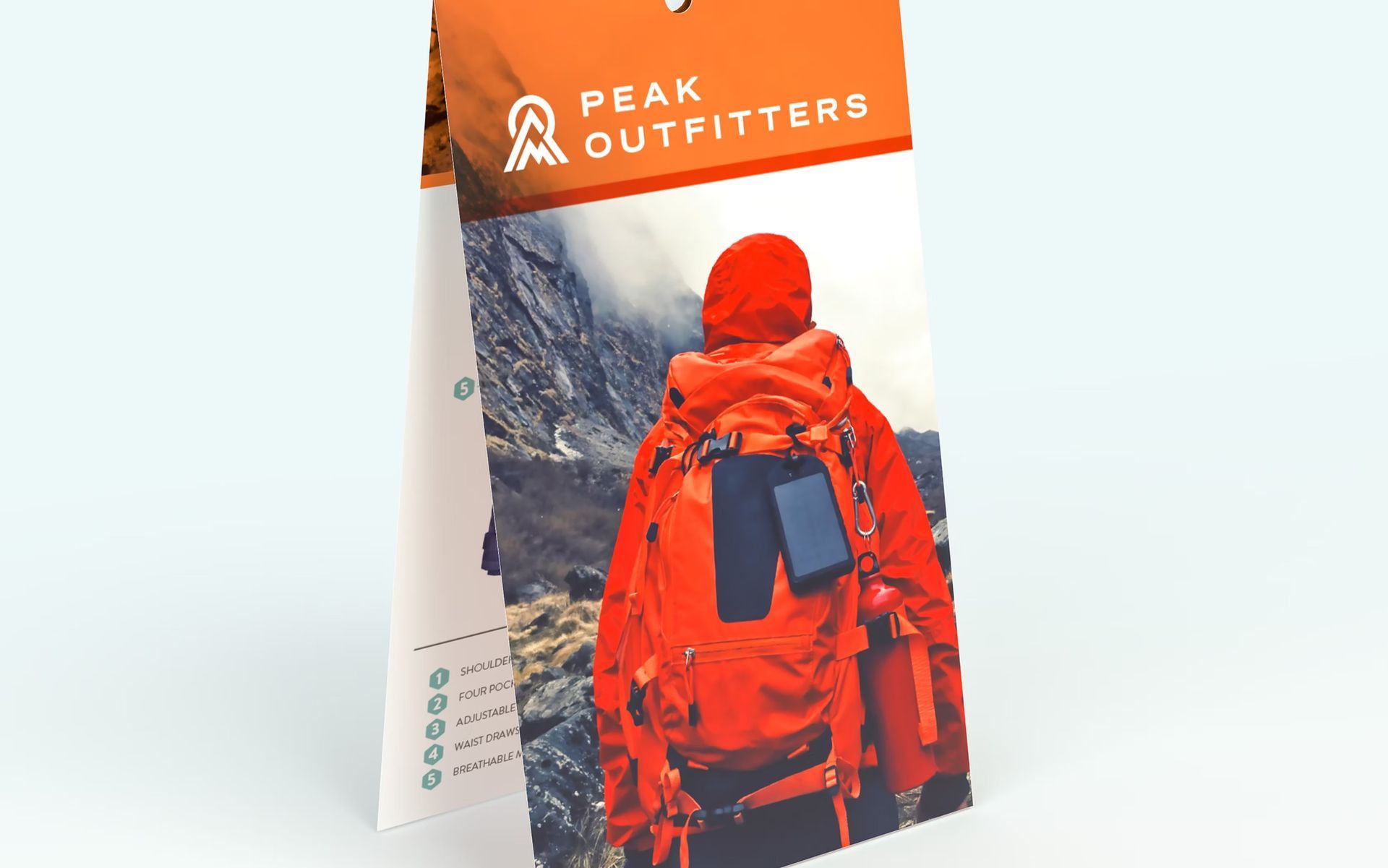 A product tag for Peak Outfitters featuring a person in orange hiking gear with a backpack against a mountain background.