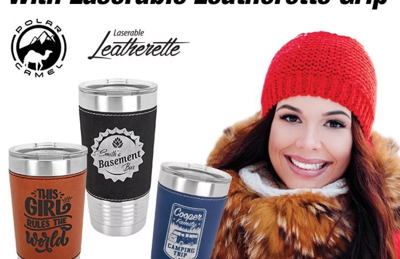 Woman in winter wear smiles, advertising laser-engraved tumblers with leatherette grips; products have logos and text.