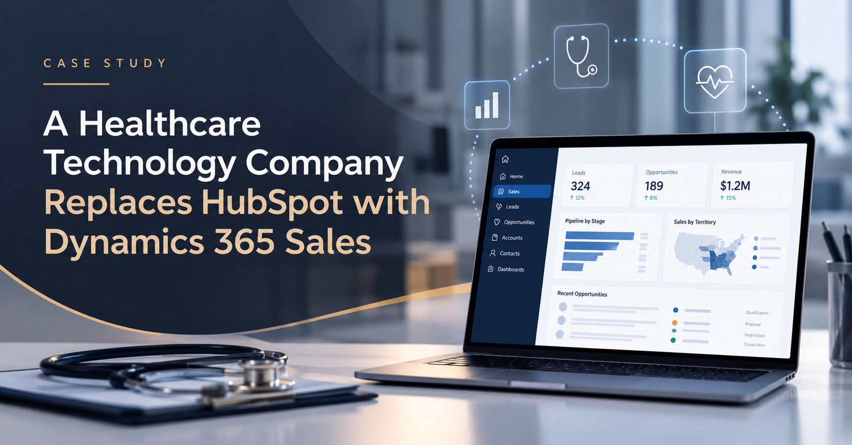 Healthcare technology case study showing Dynamics 365 Sales replacing HubSpot.