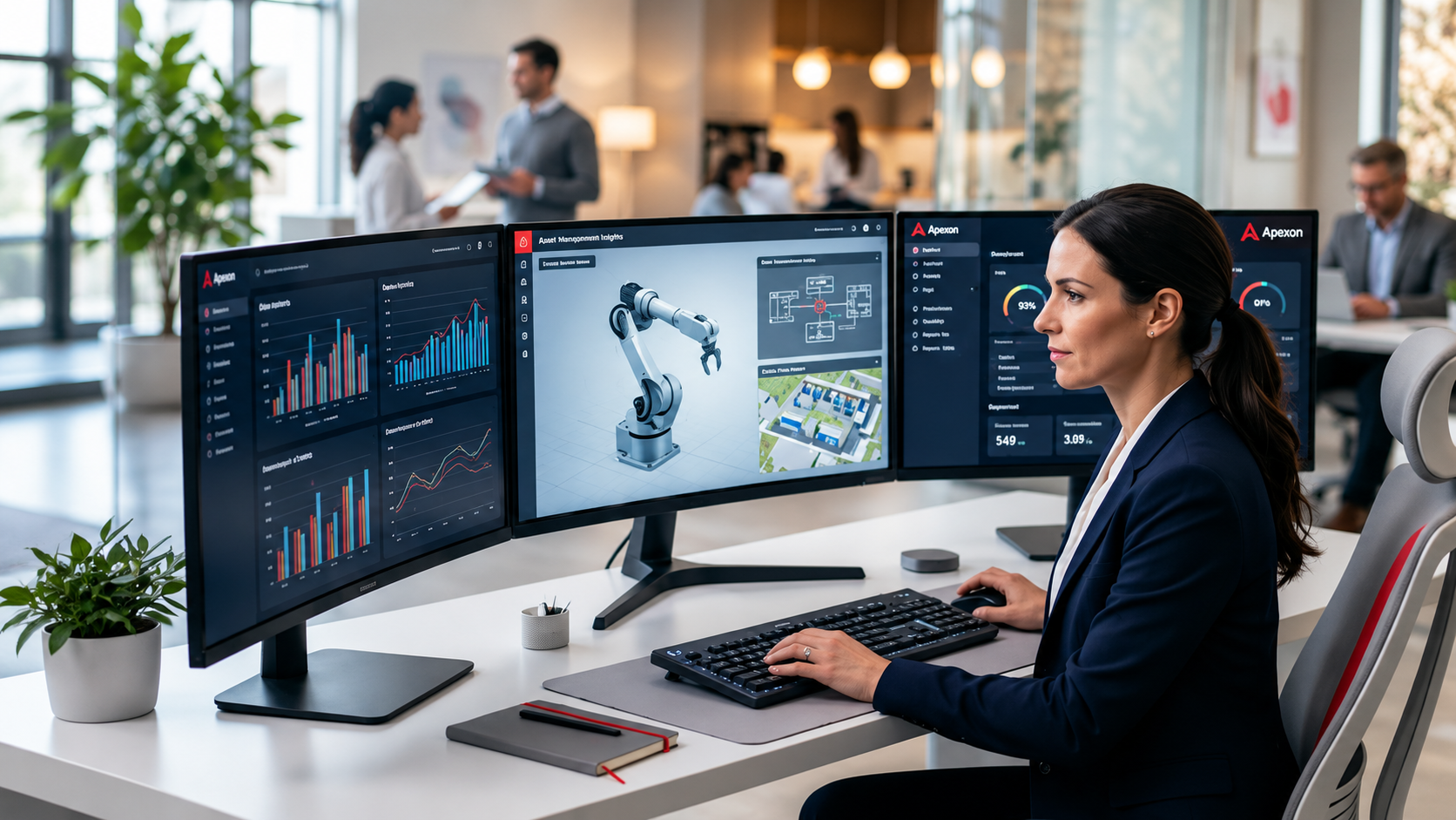 Woman reviewing business analytics dashboards on multiple monitors in a modern office.