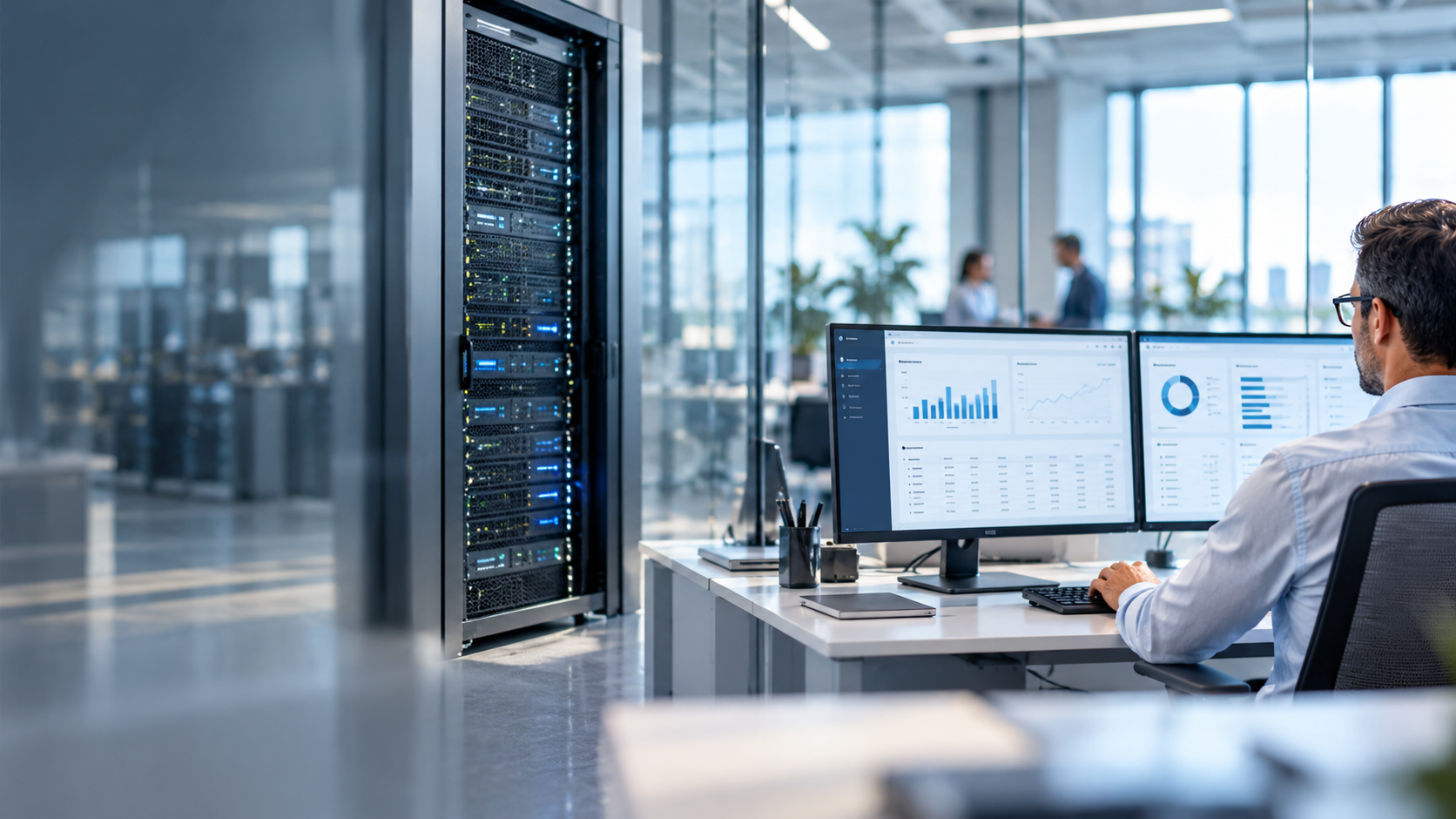 IT professional reviewing analytics dashboards beside a server rack in a modern office.