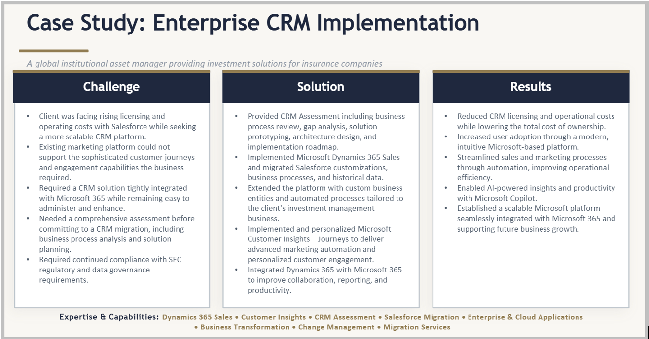 Case study graphic outlining an enterprise CRM implementation, with sections for the client challenge, Microsoft Dynamics 365 solution, business results, and related expertise and capabilities.