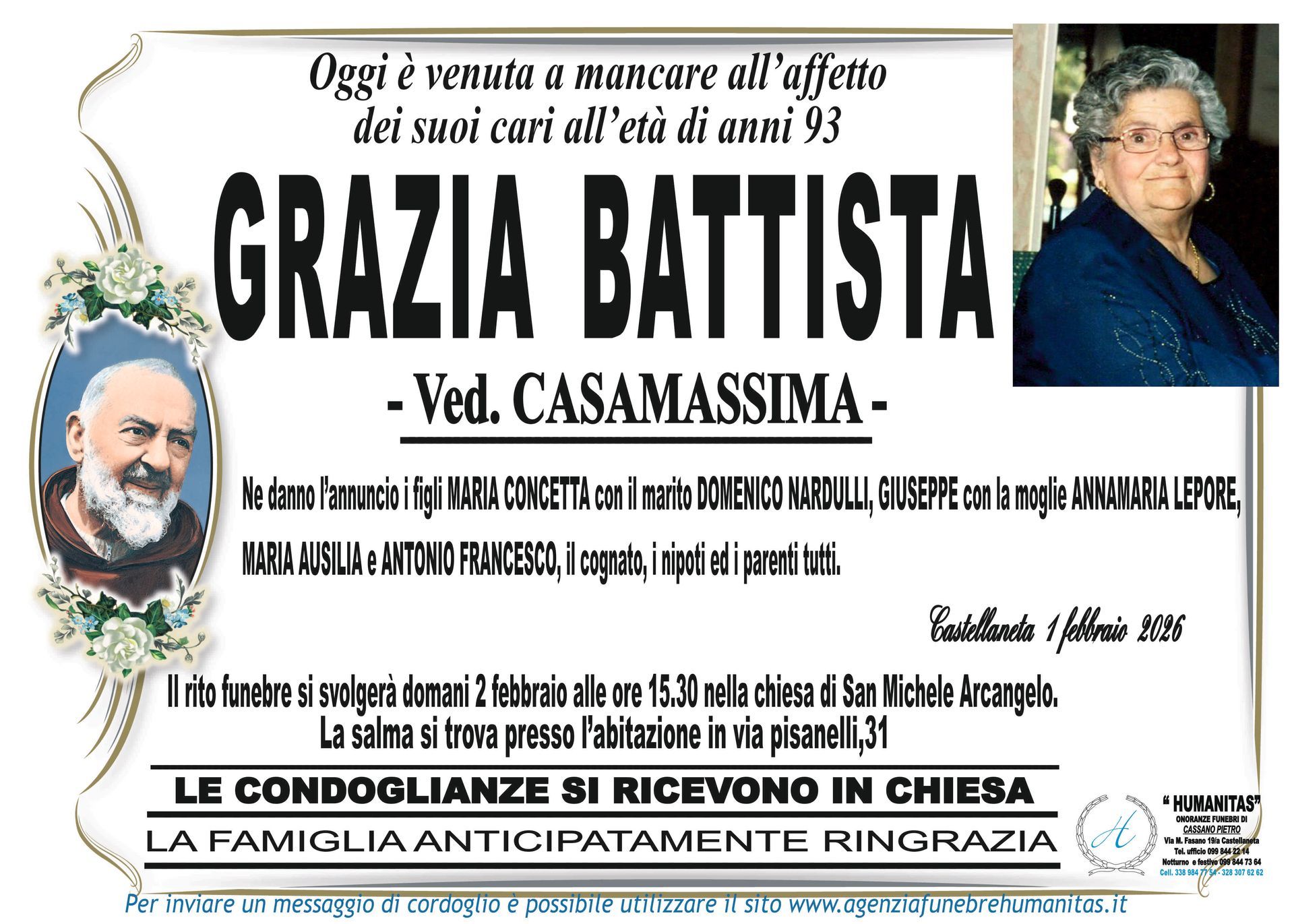 necrologio Grazia Battista