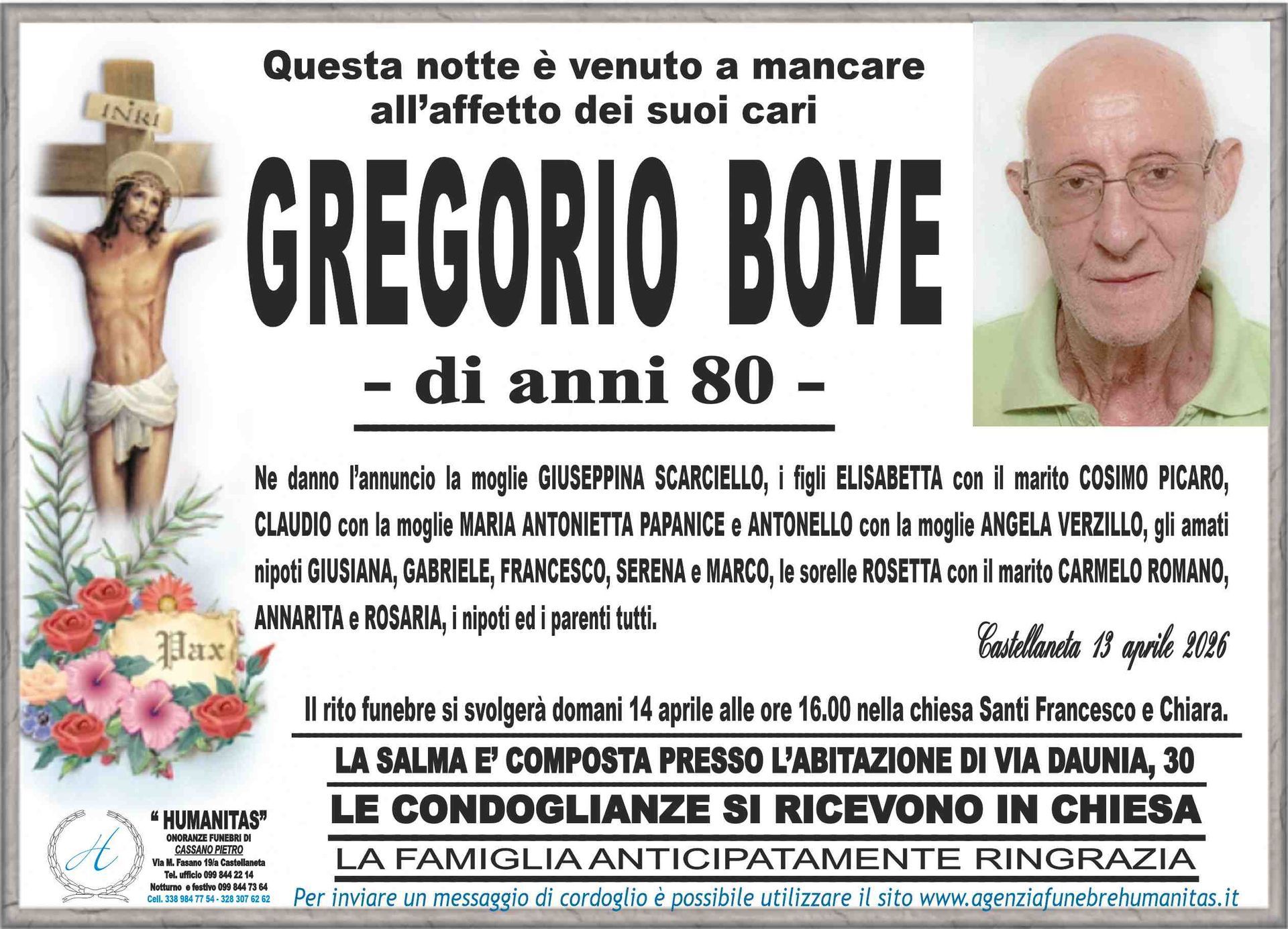 necrologio Gregorio Bove