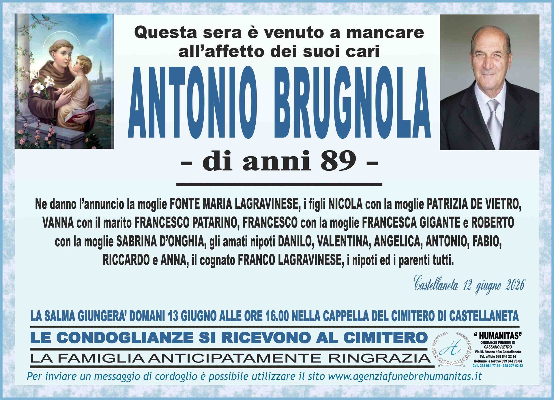 necrologio Antonio Brugnola
