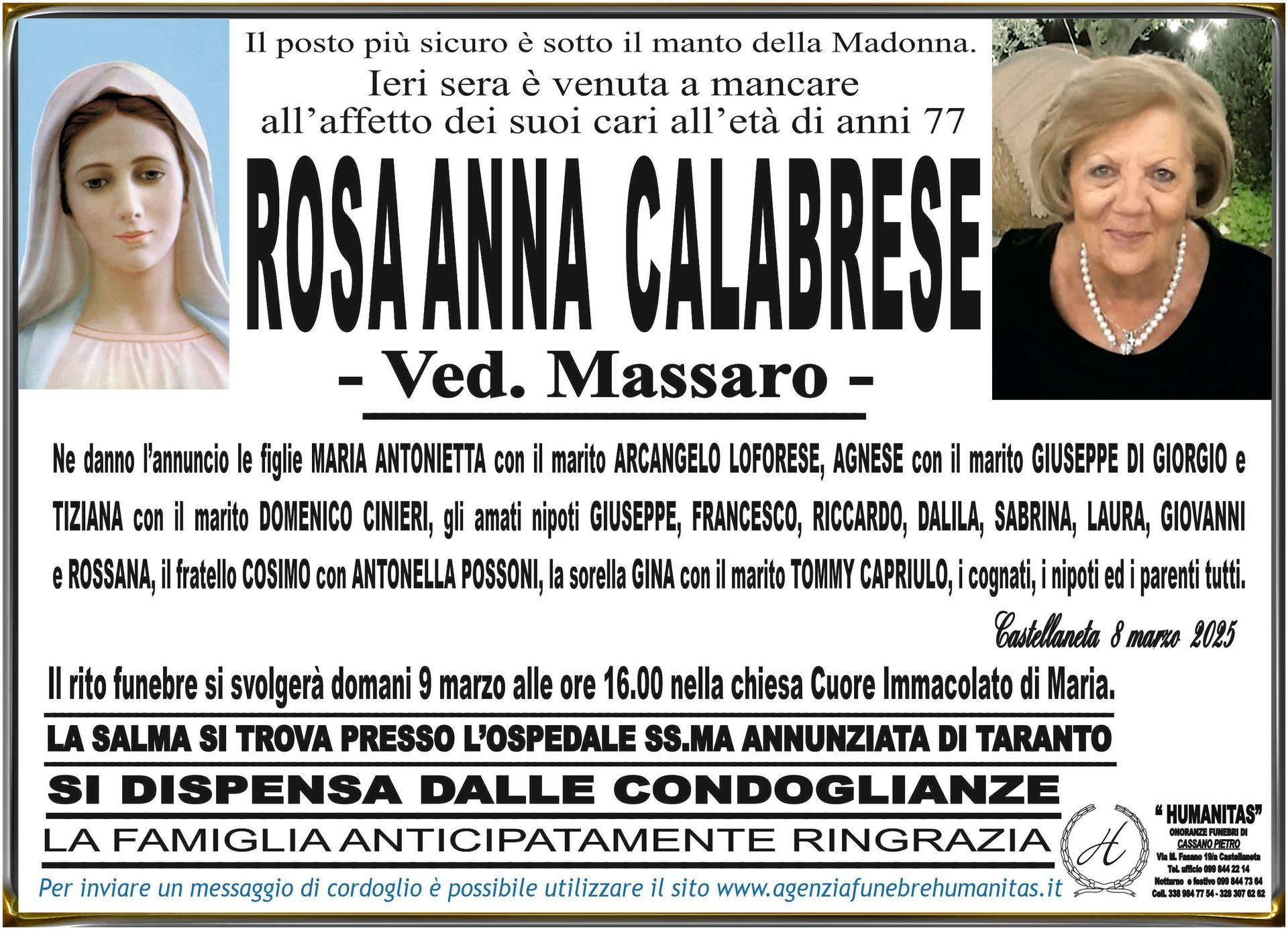 necrologio Rosa Anna Calabrese