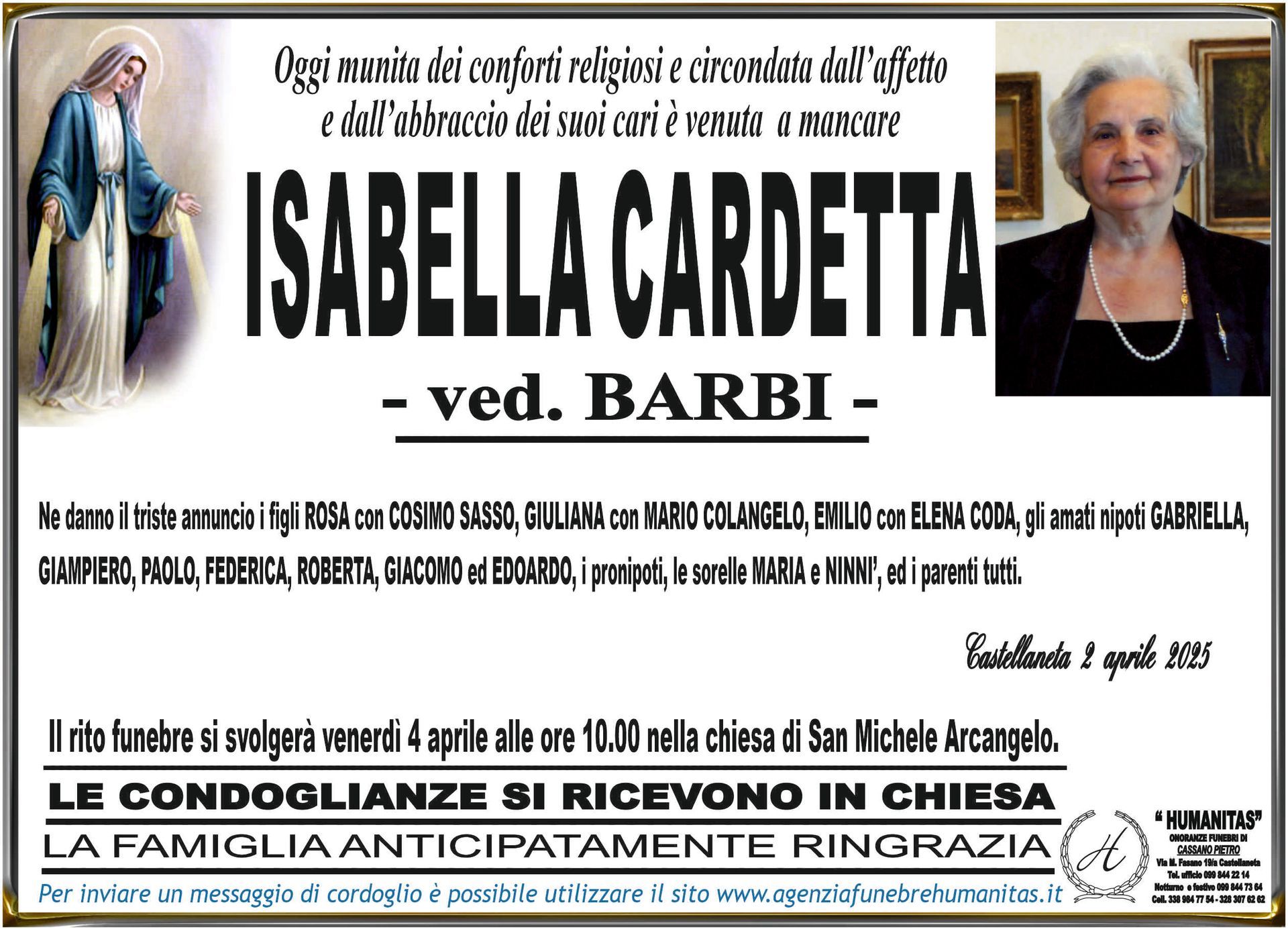 necrologio Isabella Cardetta