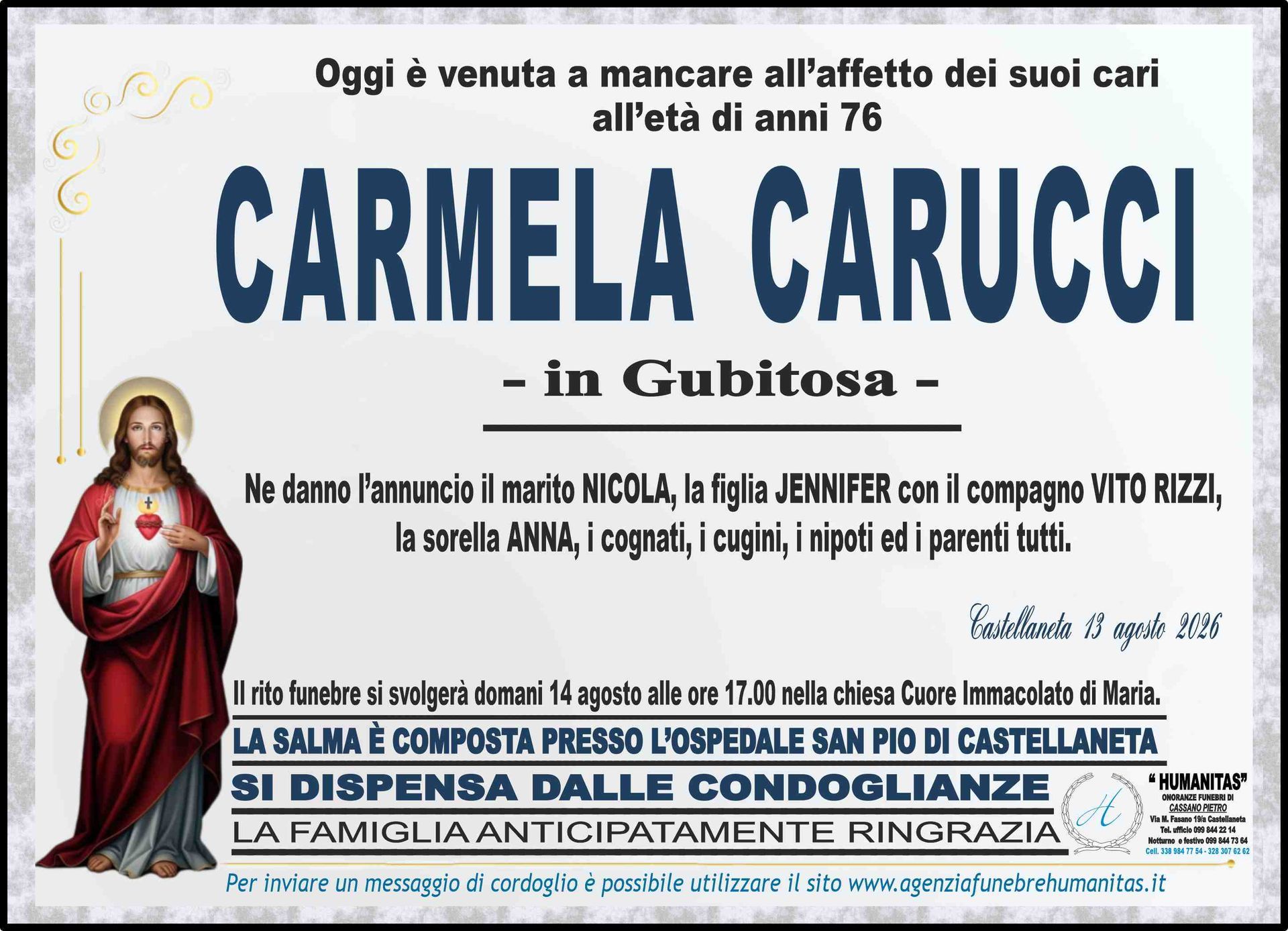necrologio Carmela Carucci