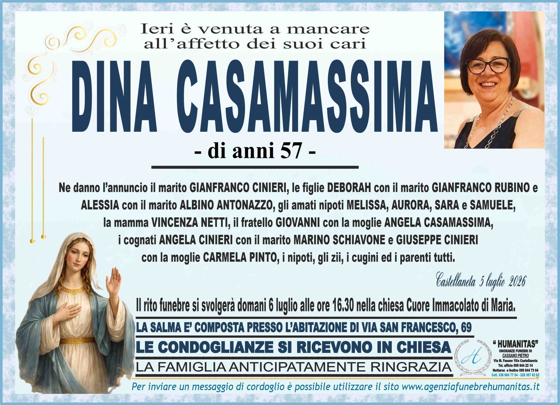 necrologio Dina Casamassima