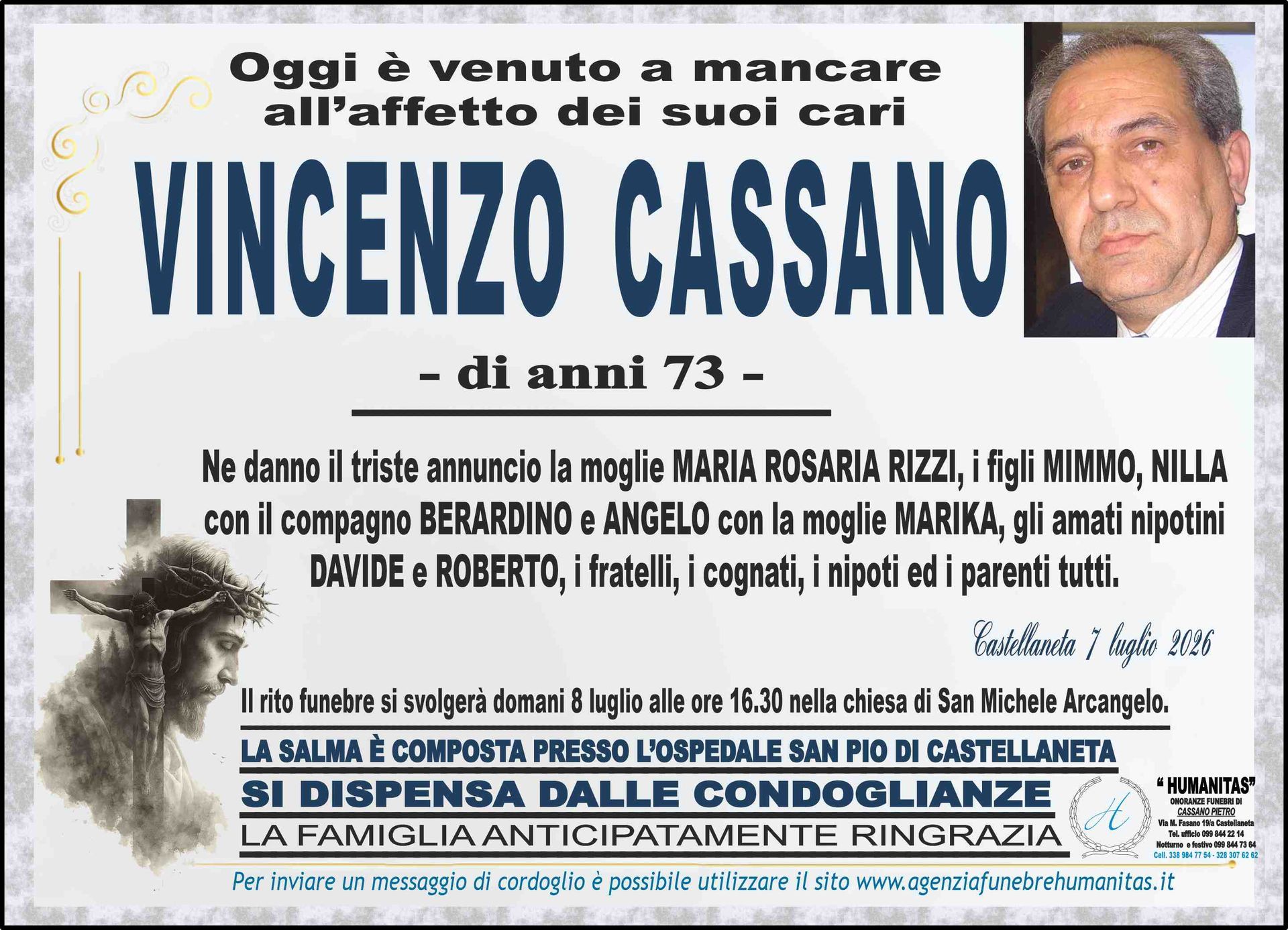 necrologio Vincenzo Cassano