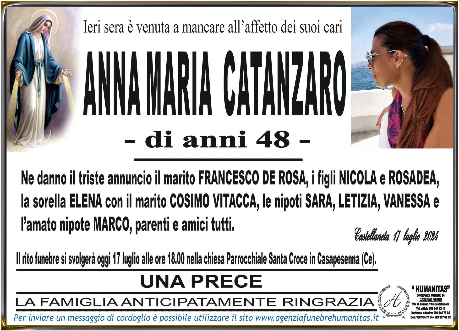 necrologio Anna Maria Catanzaro