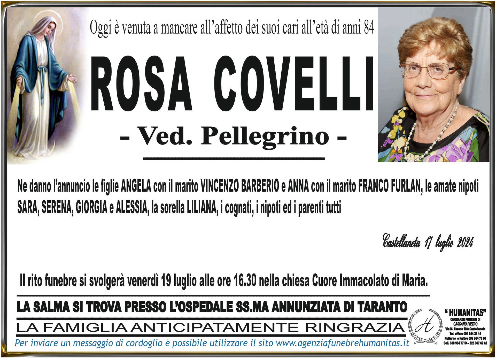 necrologio Rosa Covelli
