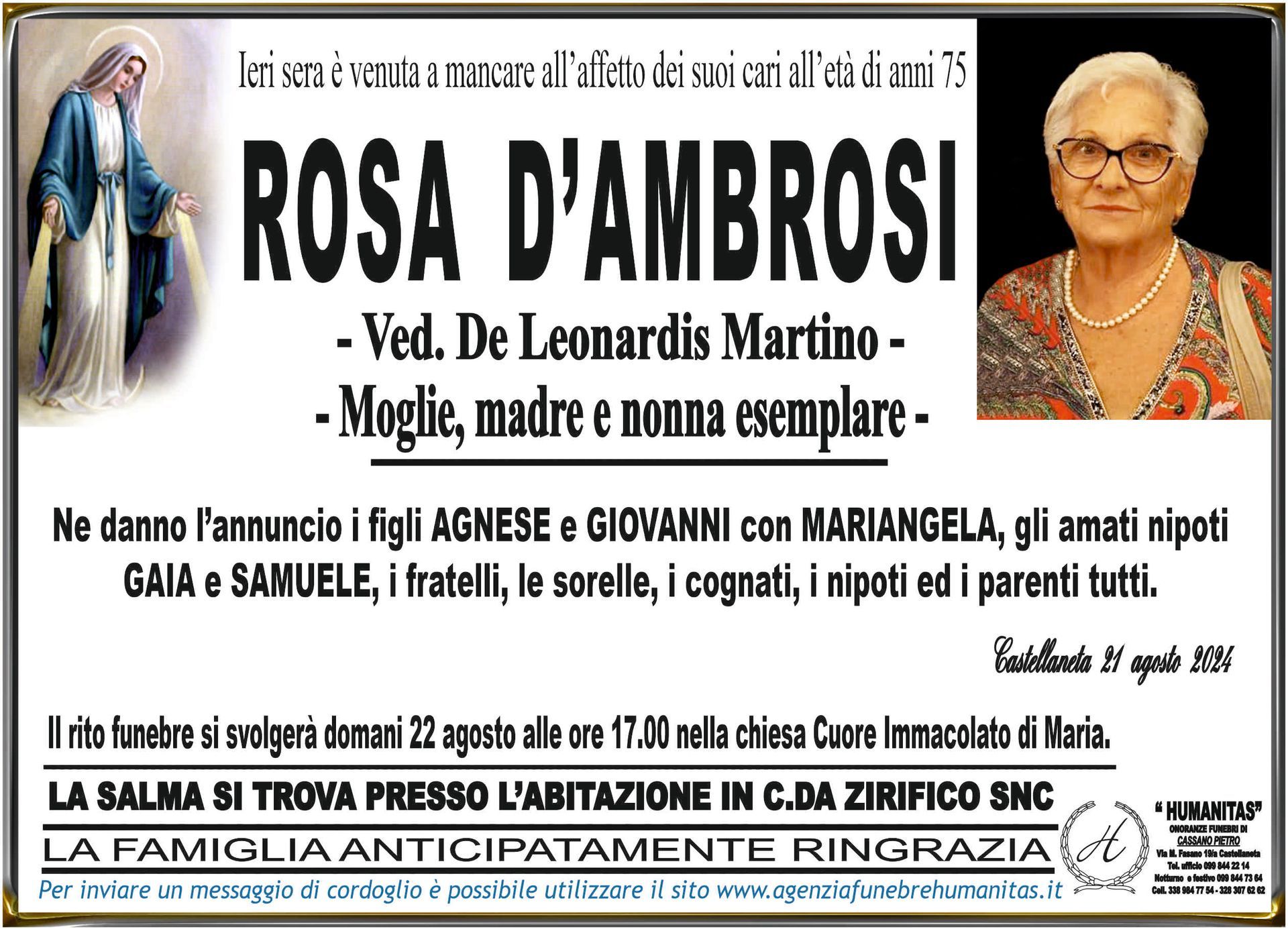 necrologio Rosa D'Ambrosi