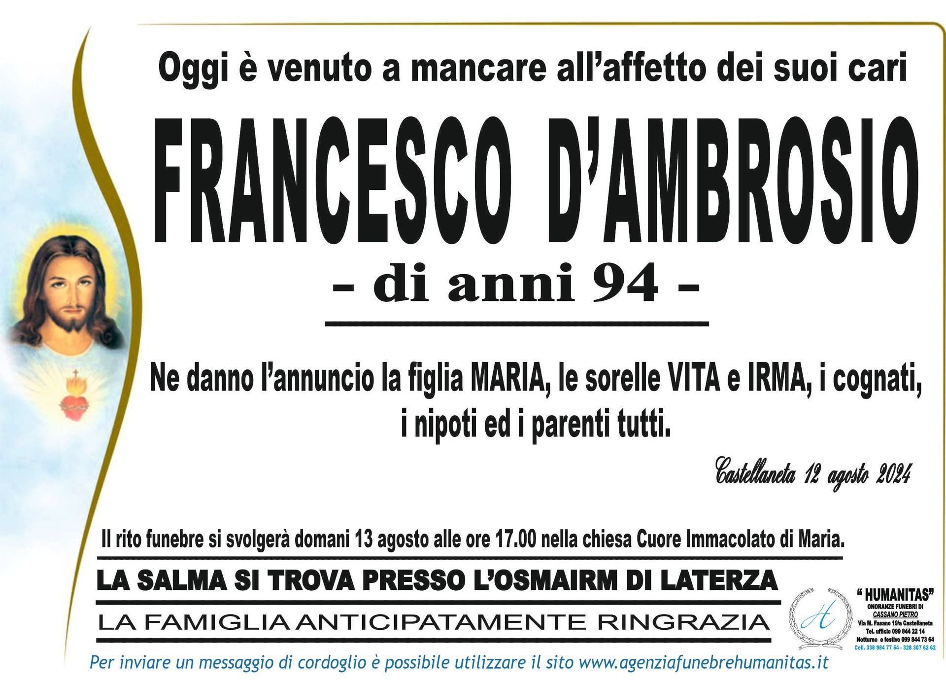 necrologio Francesco D'Ambrosio