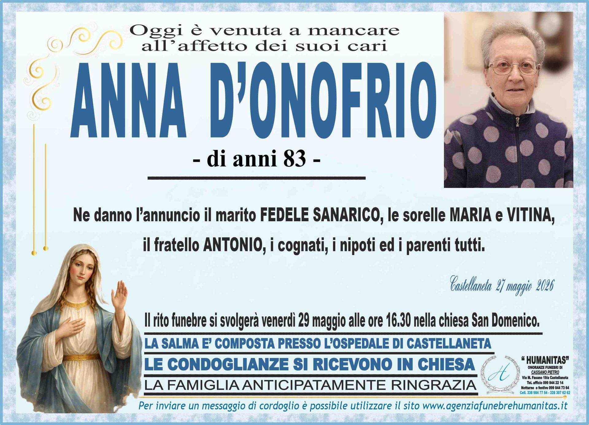 necrologio Anna D'onofrio