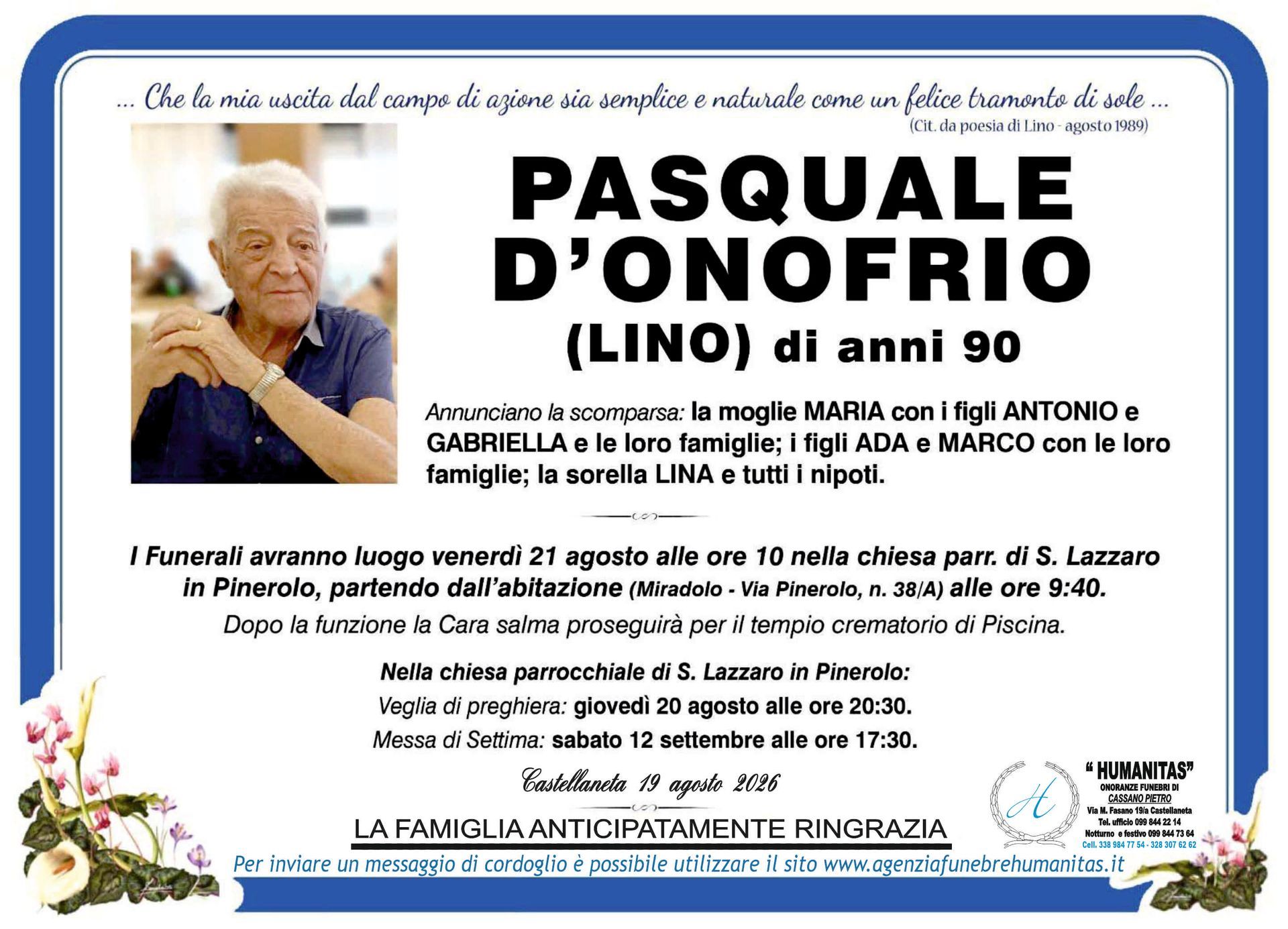 necrologio Pasquale D'Onofrio