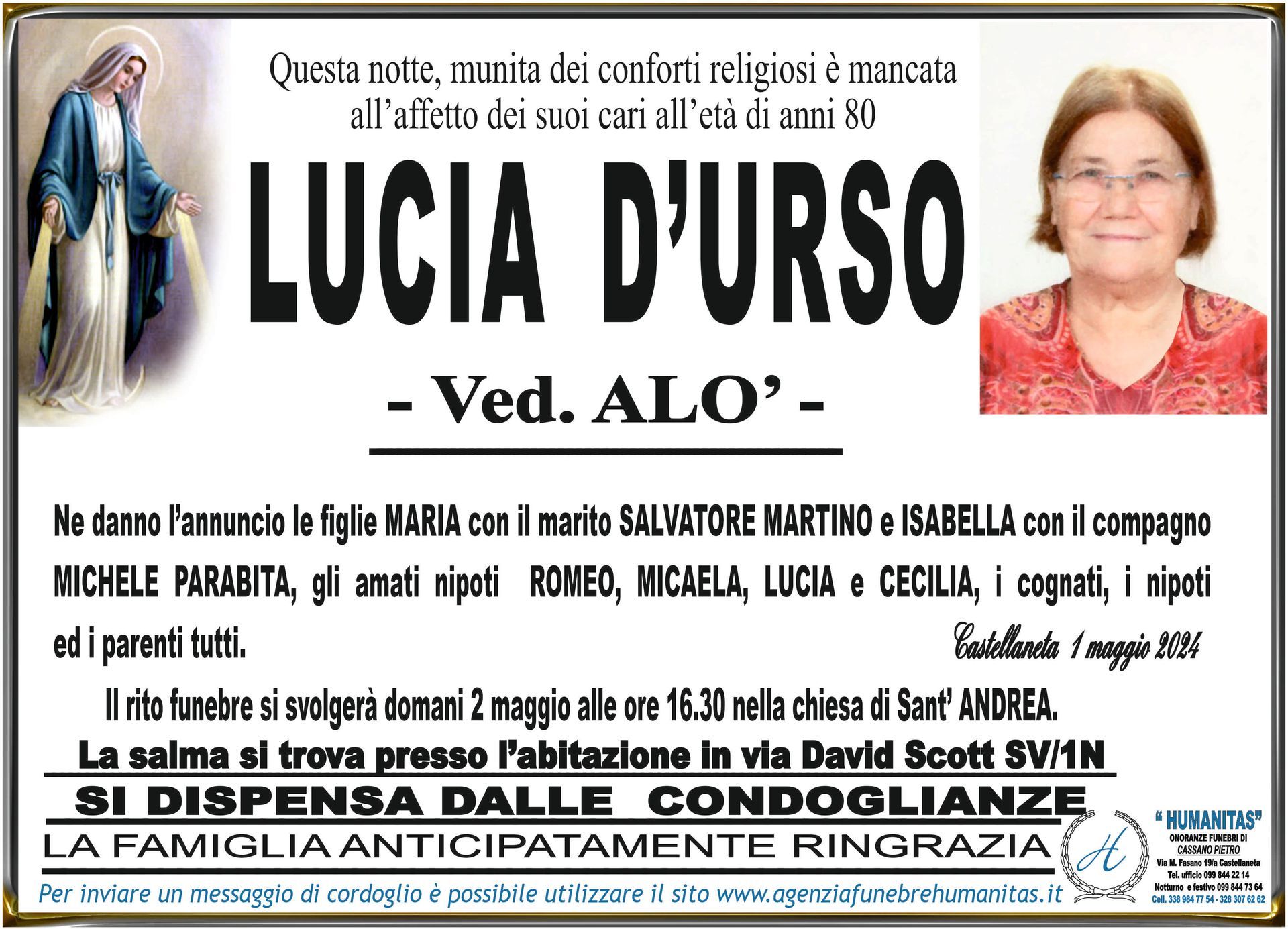 necrologio Lucia D'Urso