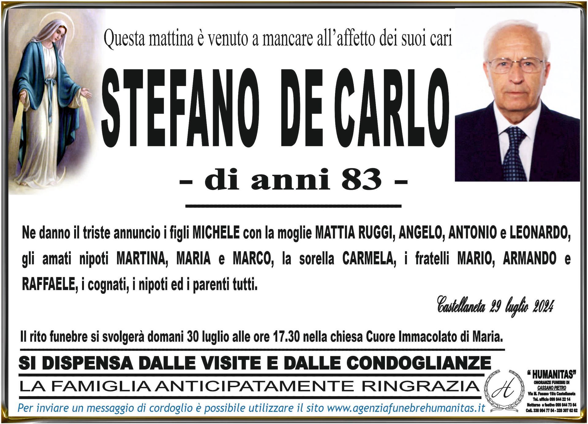 necrologio Stefano De Carlo