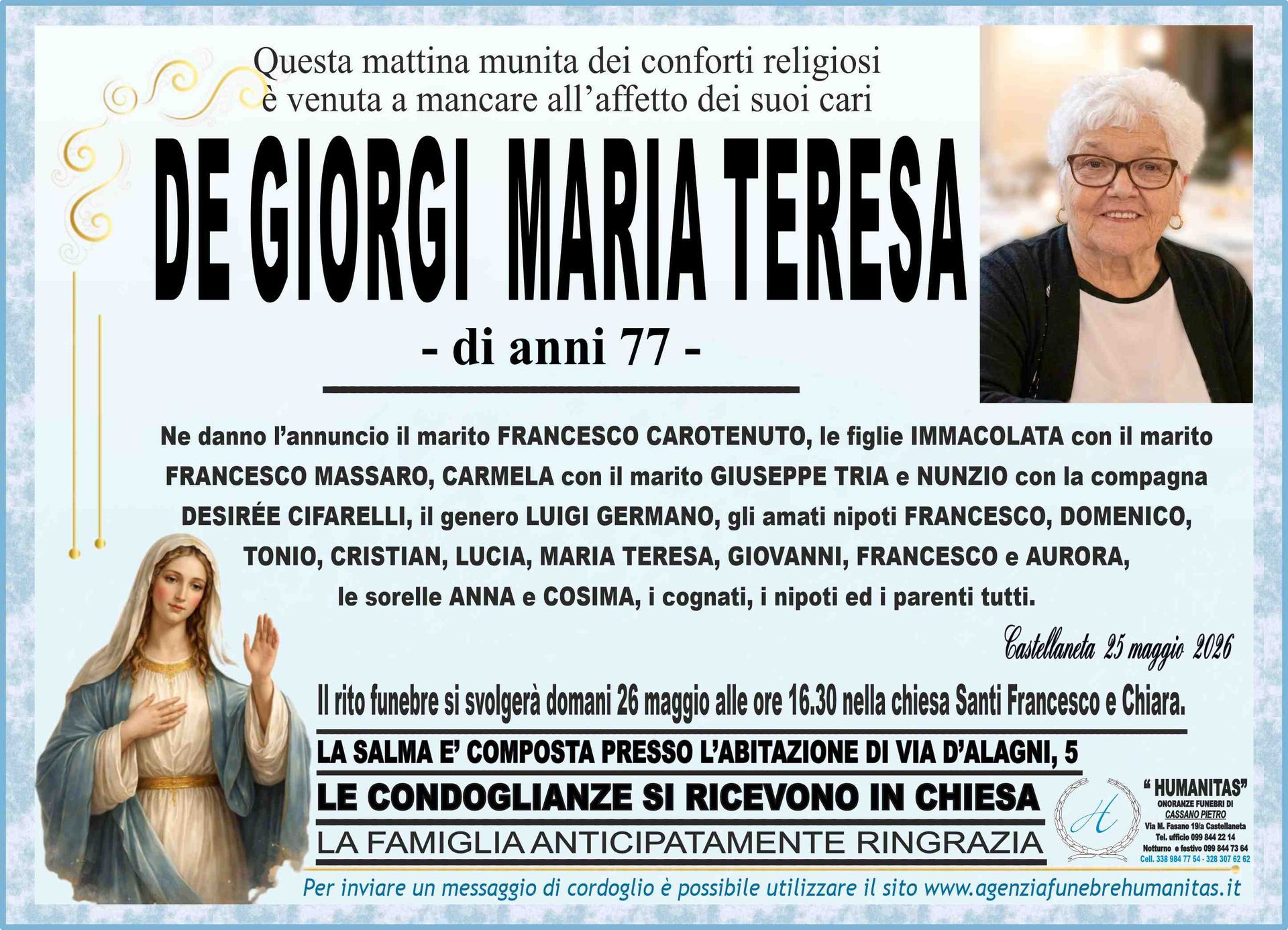 necrologio Maria Teresa De Giorgi