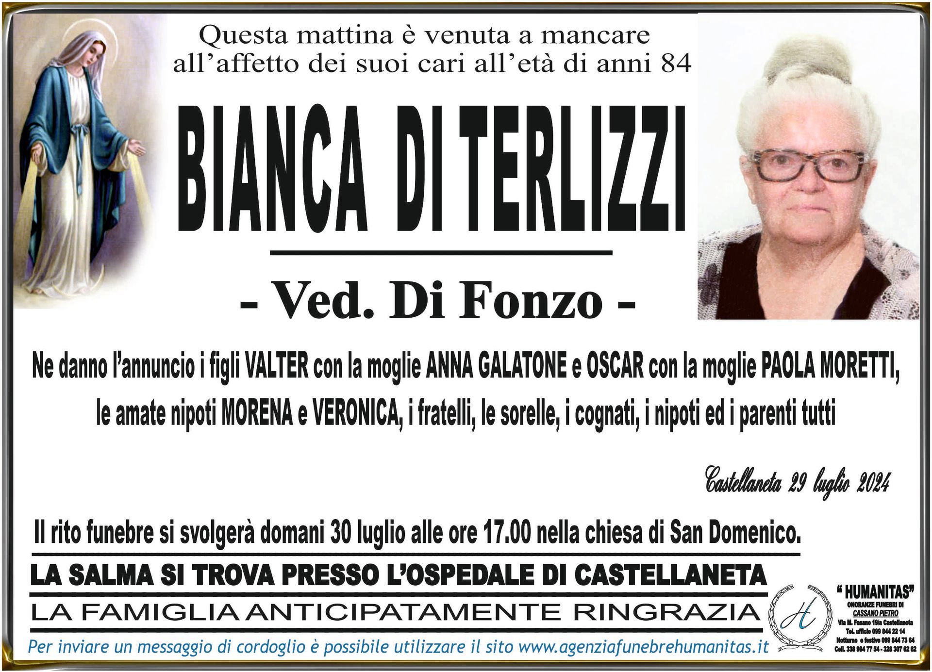 necrologio Bianca Di Terlizzi