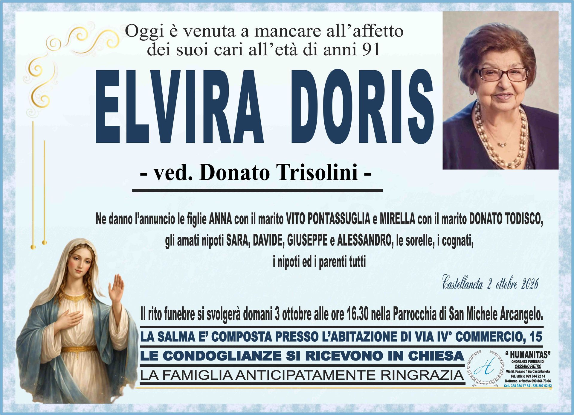 necrologio Elvira Doris
