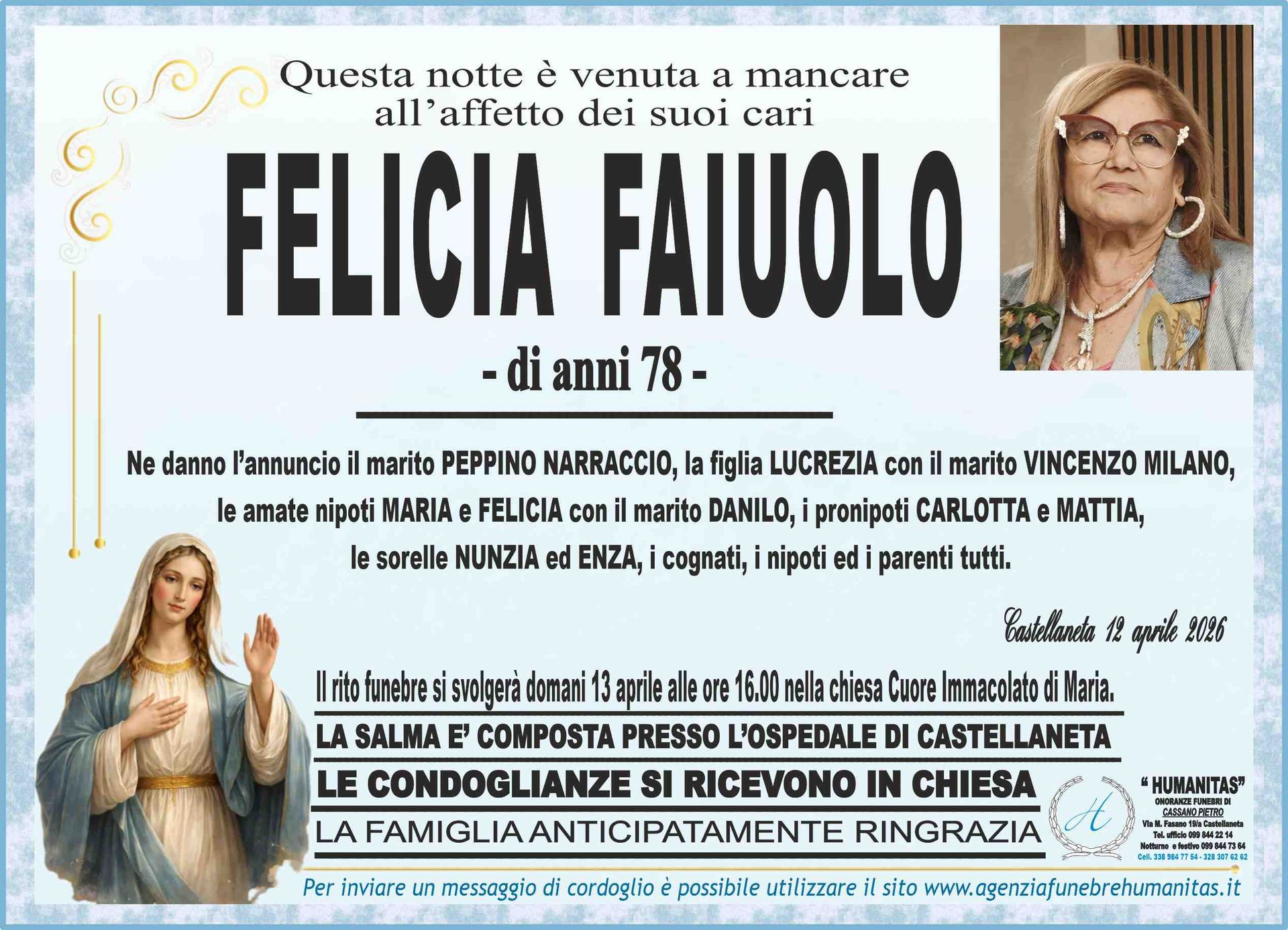 necrologio Felicia Faiuolo