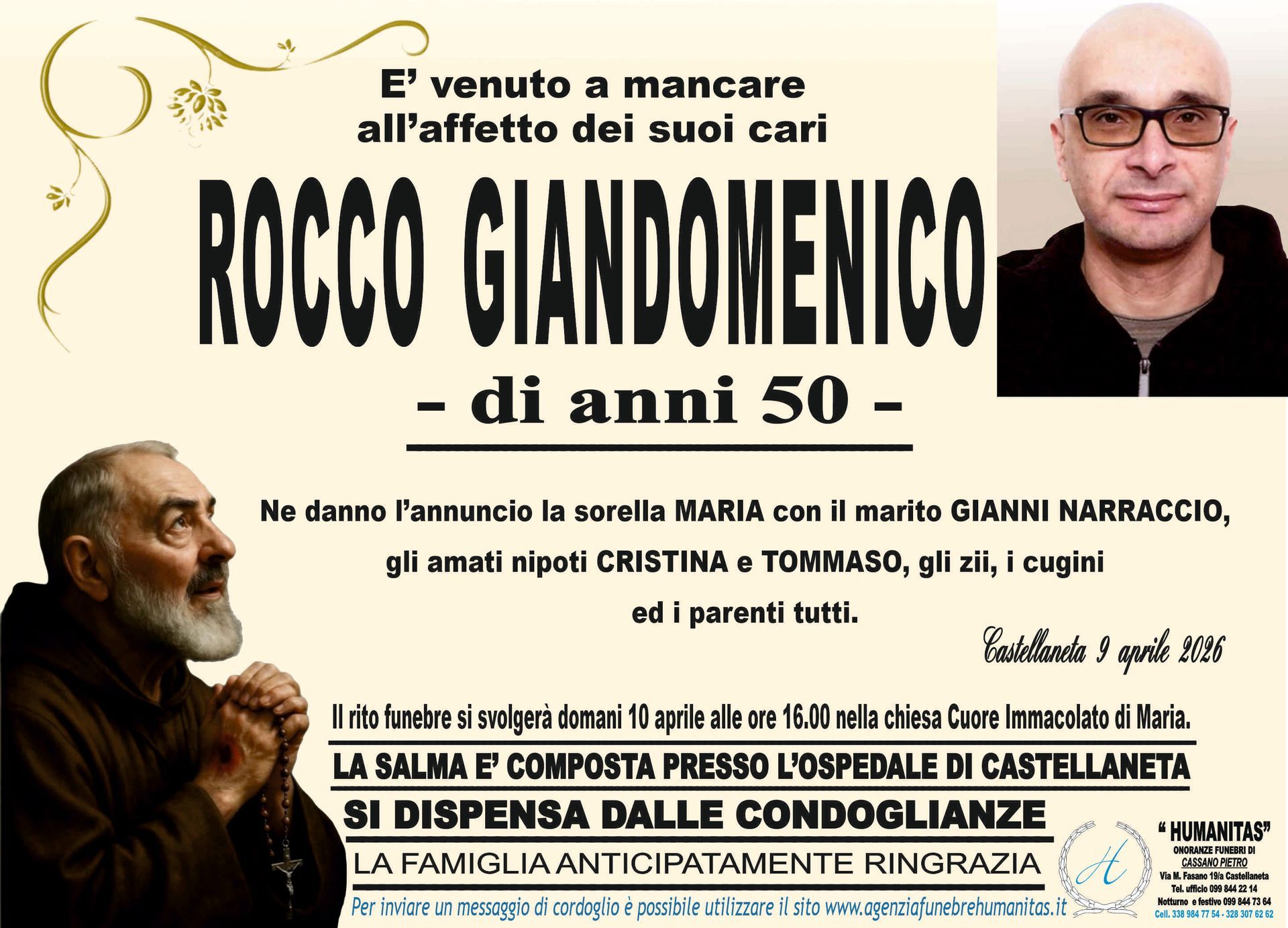 necrologio Rocco Giandomenico