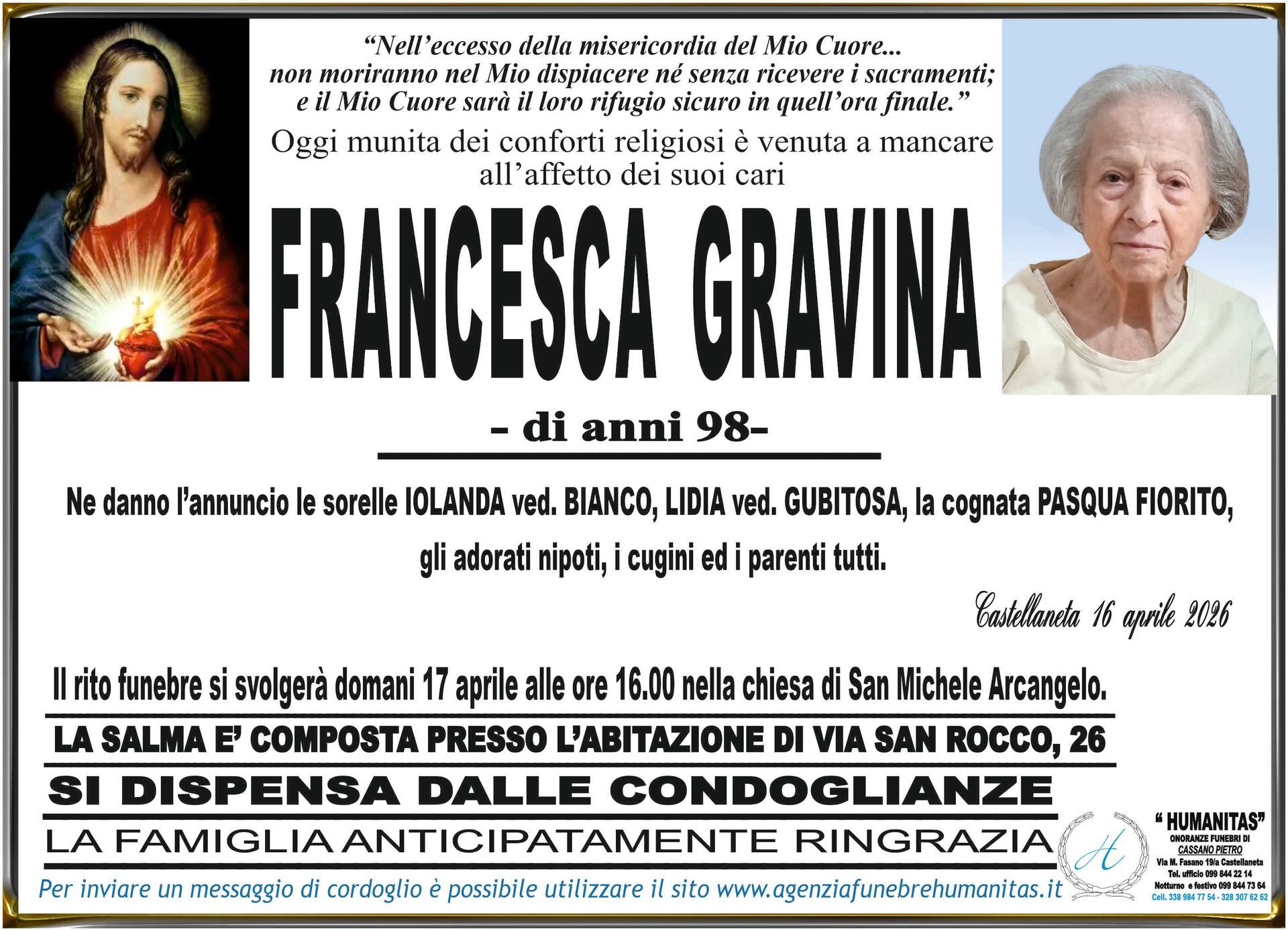 necrologio Francesca Gravina