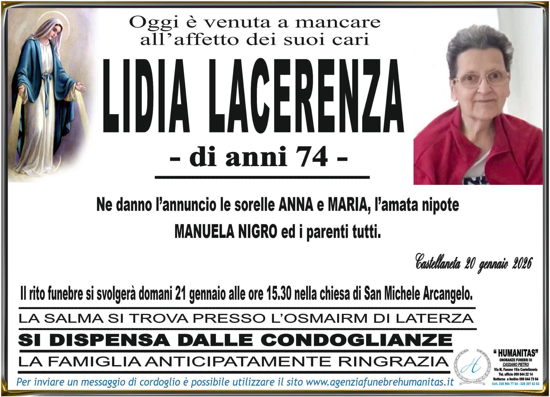 necrologio Lidia Lacerenza