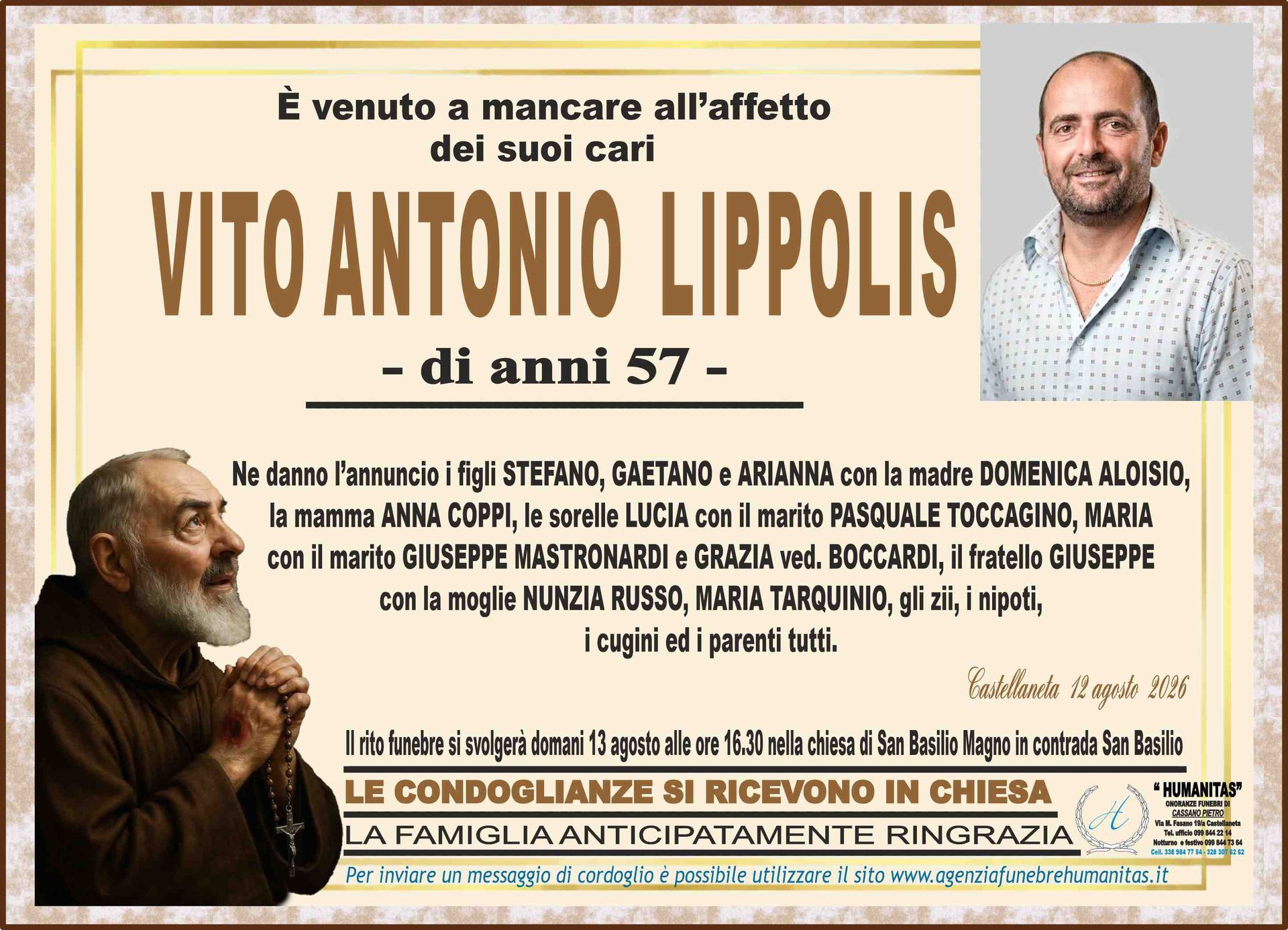 necrologio Vito Antonio Lippolis