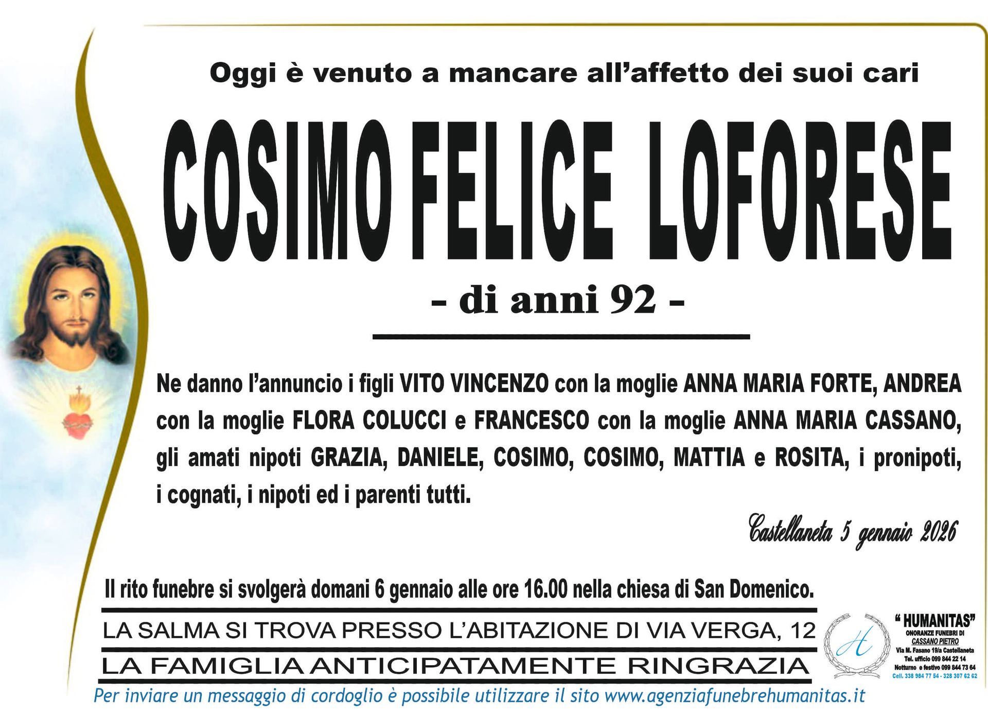 necrologio Cosimo Felice Loforese