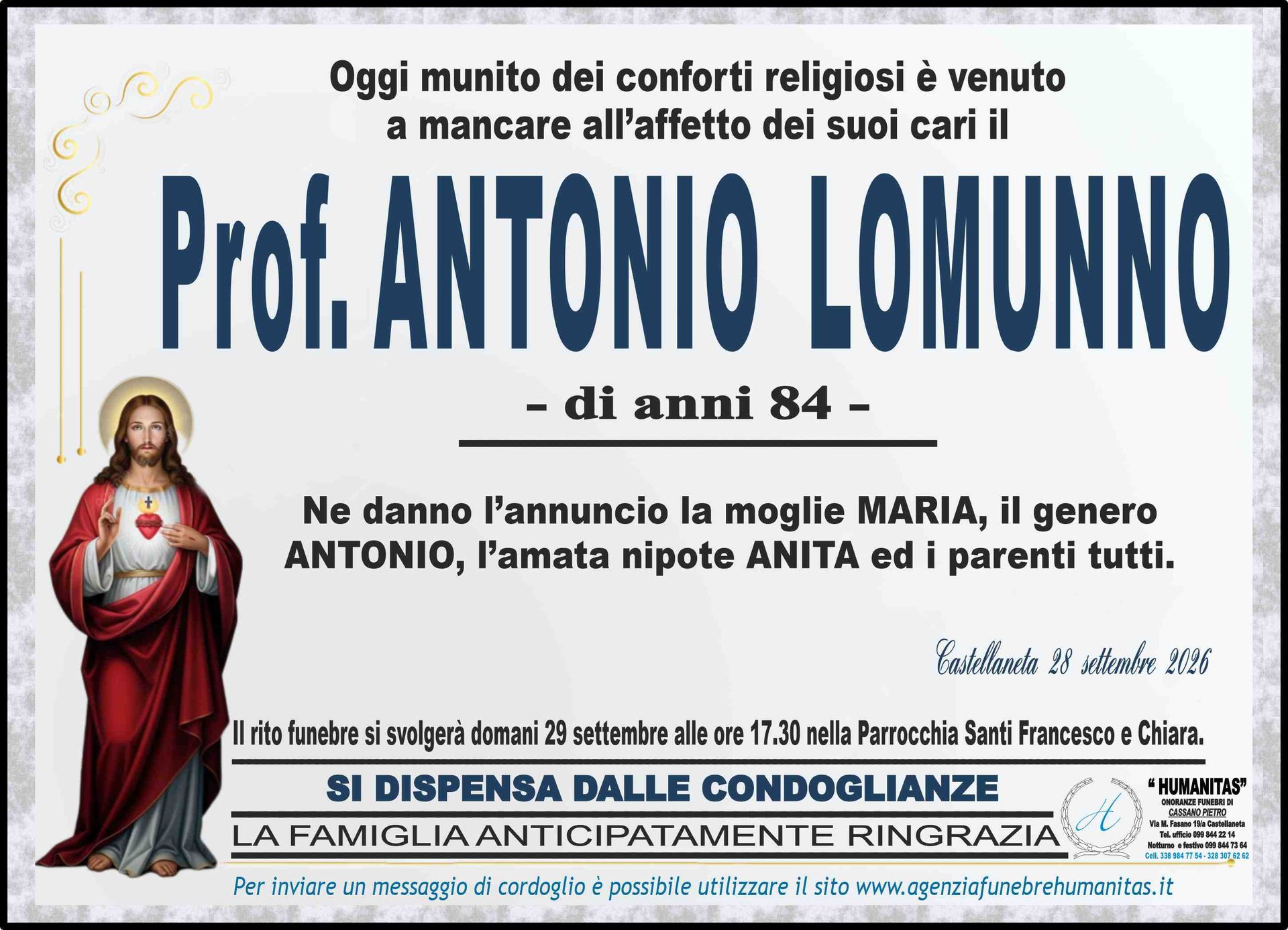 necrologio Prof. Antonio Lomunno