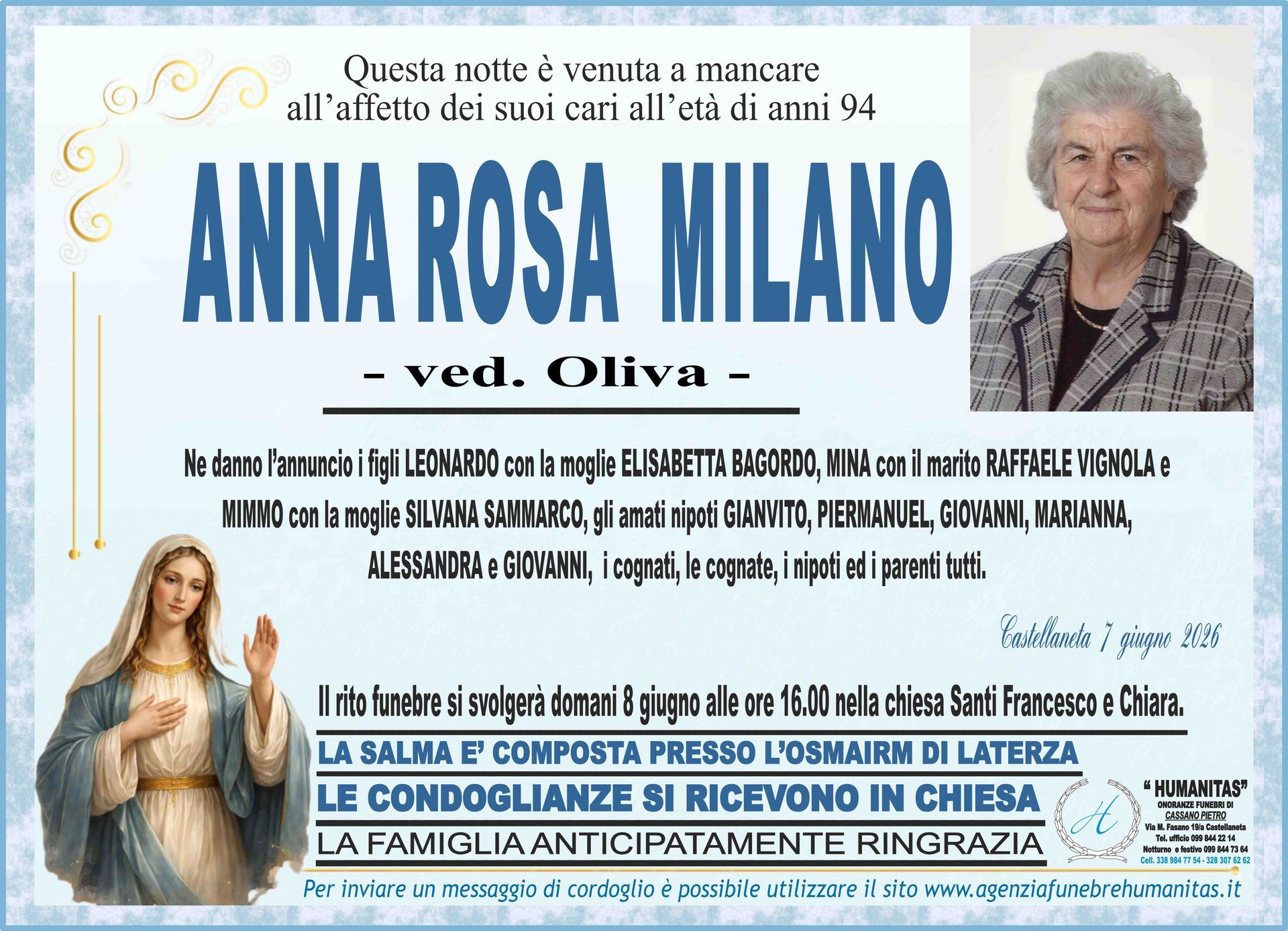 necrologio Anna Rosa Milano