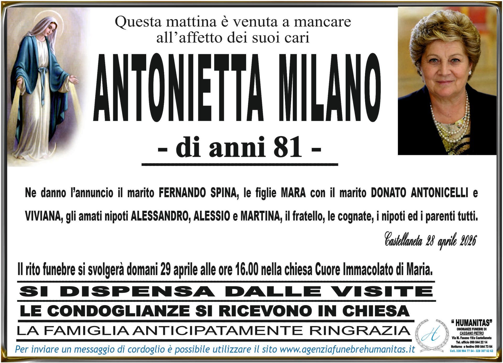 necrologio Antonietta Milano