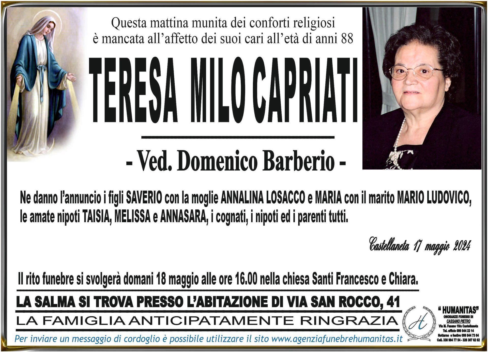 necrologio Teresa Milo Capriati