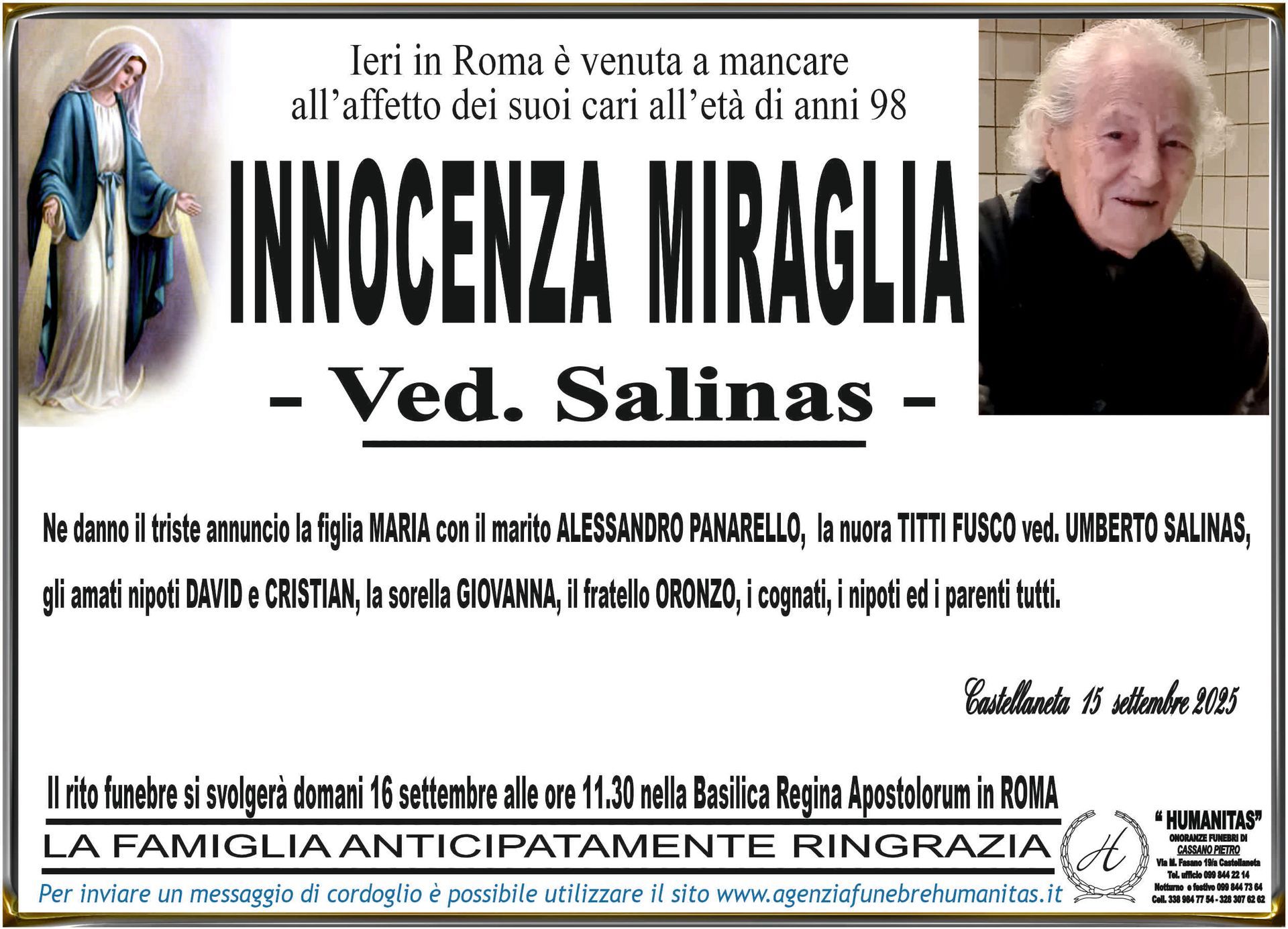 necrologio Innocenza Miraglia