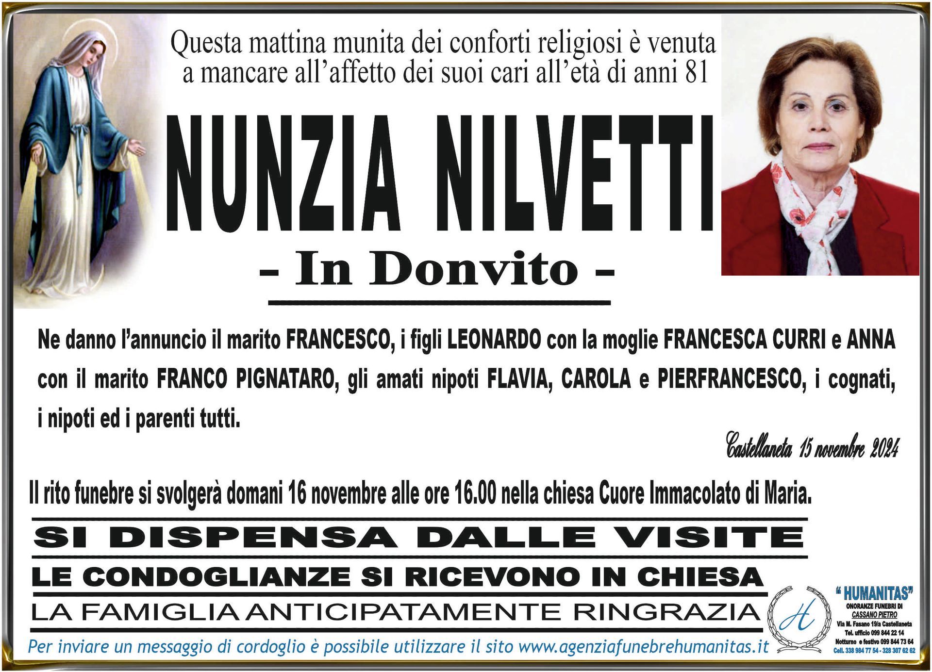necrologio Nunzia Nilvetti