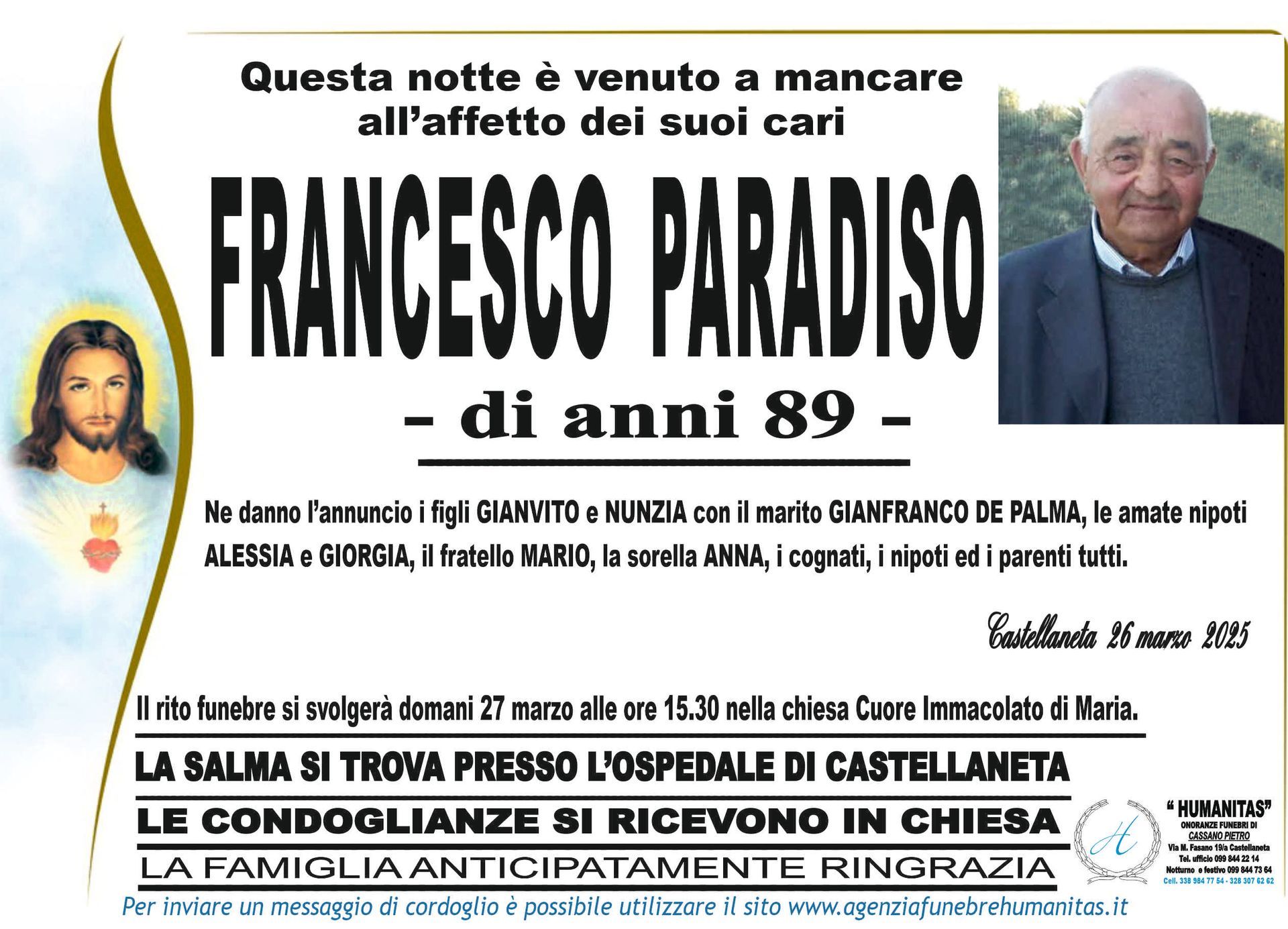 necrologio Francesco Paradiso