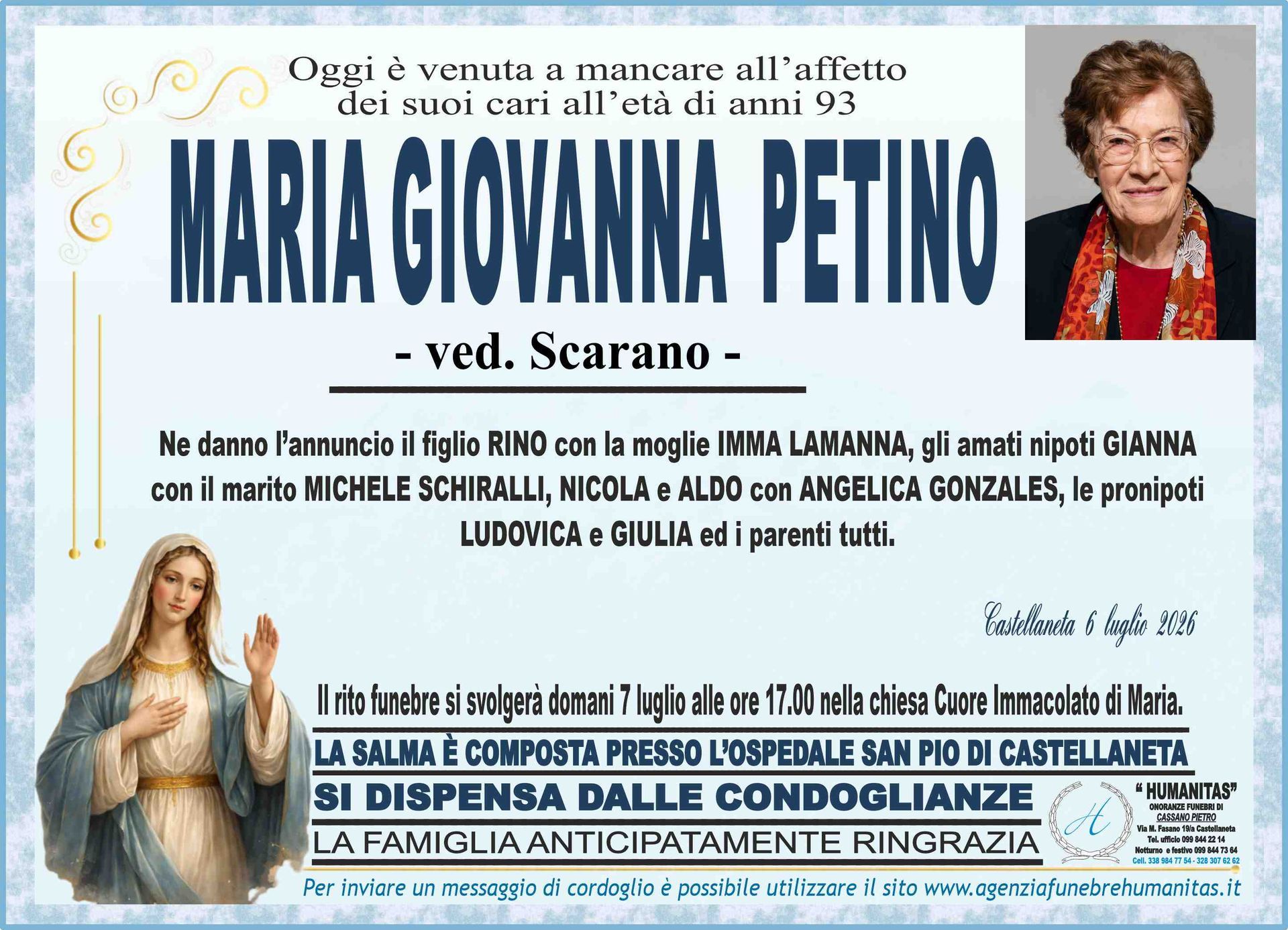 necrologio Maria Giovanna Petino