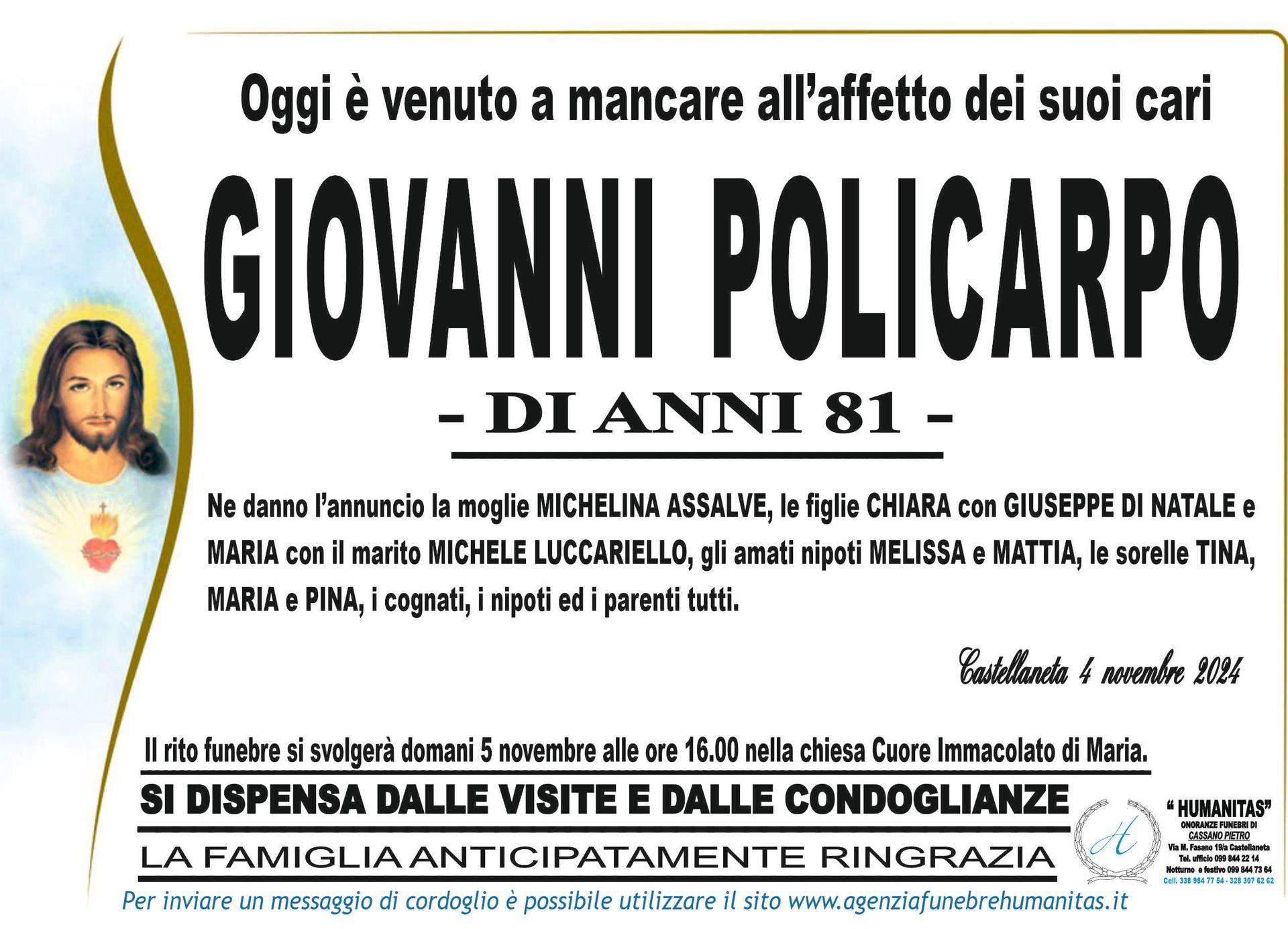 necrologio Giovanni Policarpo