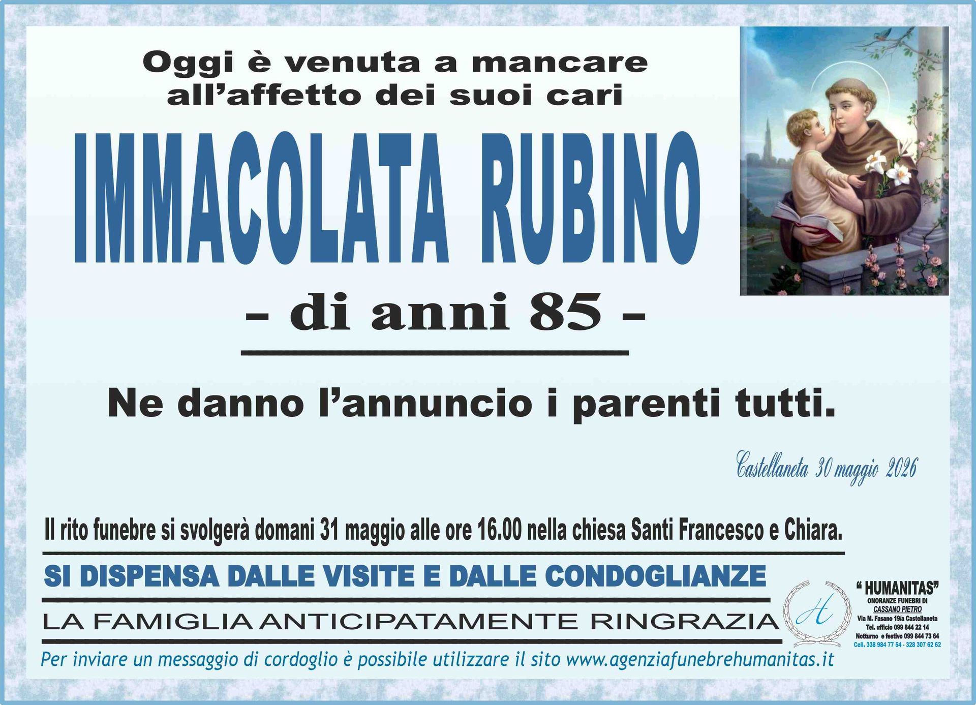 necrologio Immacolata Rubino
