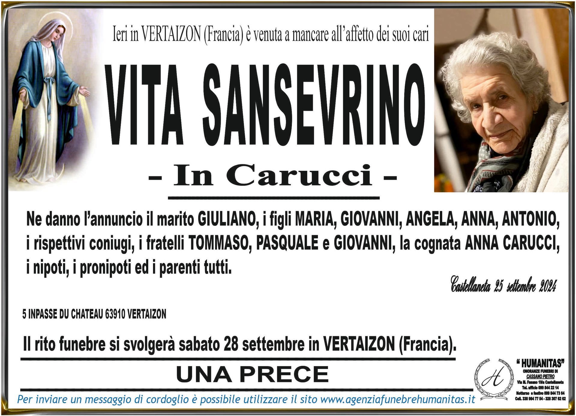 necrologio Vita Sansevrino