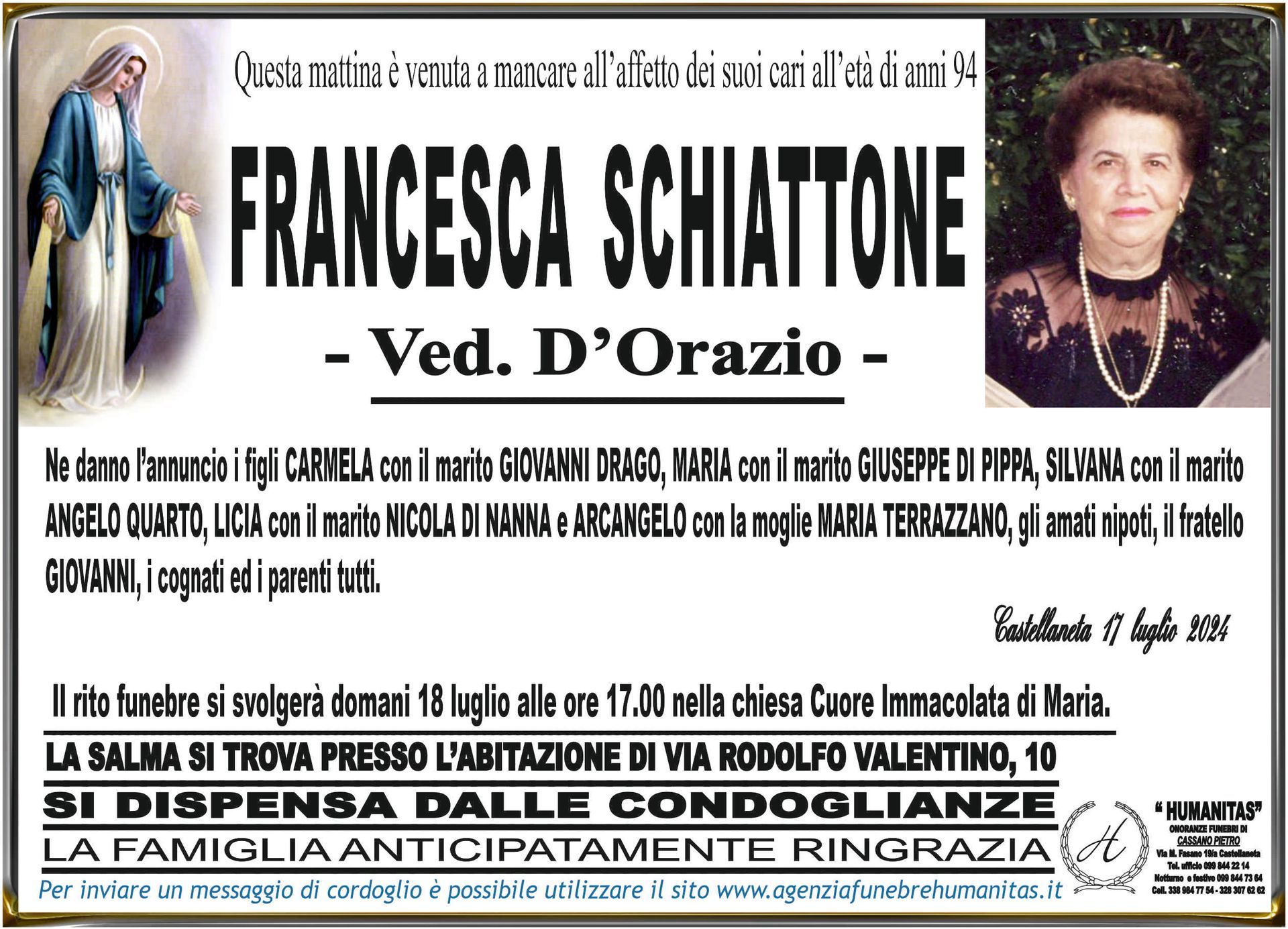 necrologio Francesca Schiattone