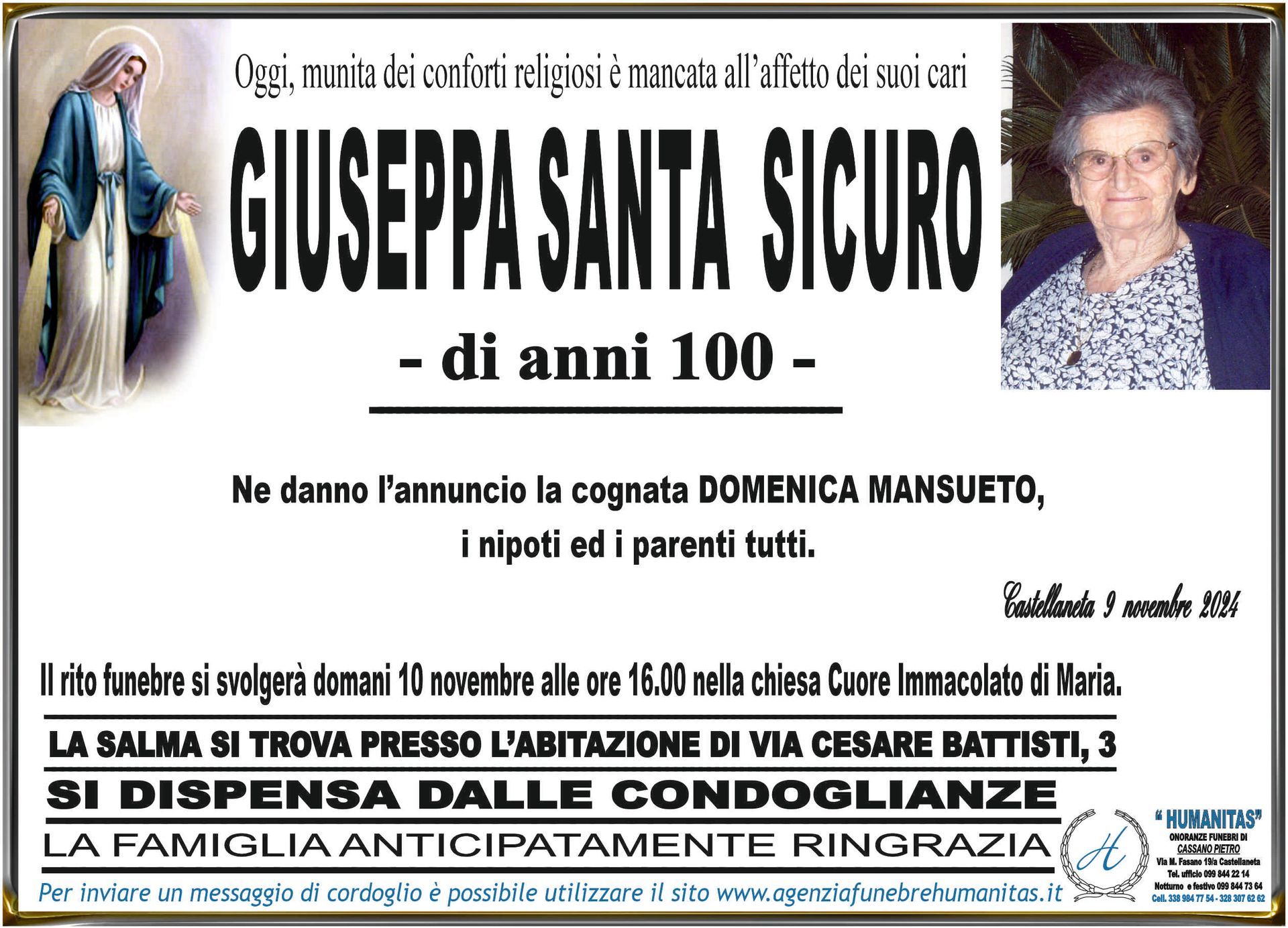 necrologio Giuseppa Santa Sicuro